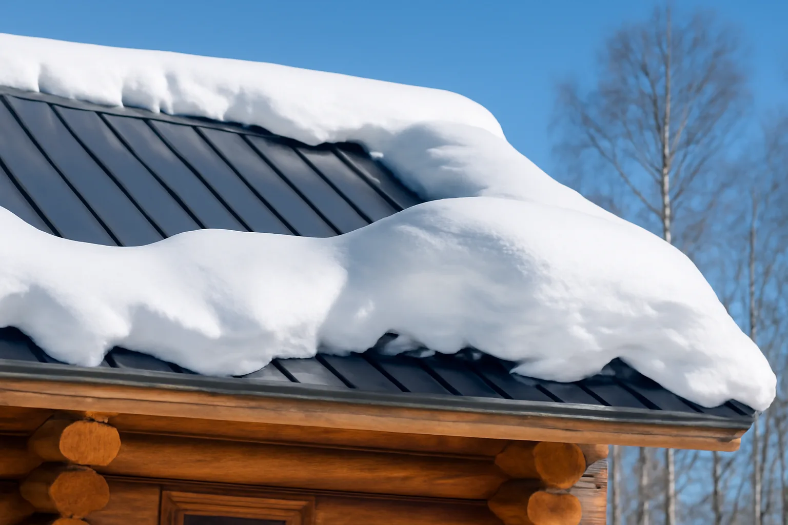 Snow-covered standing-seam roof on Alaskan log home