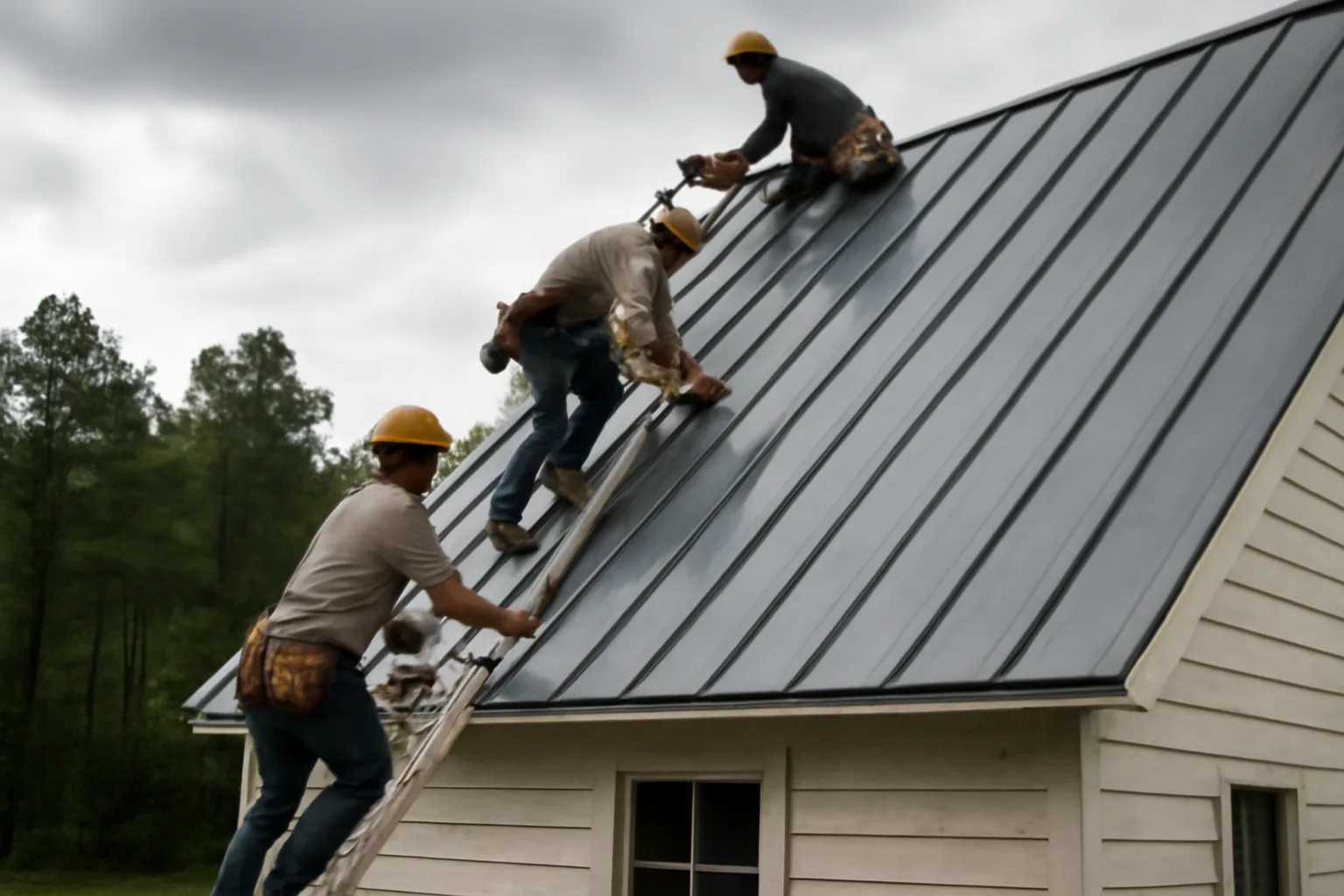 Roofers installing standing-seam metal roof in rural Alabama