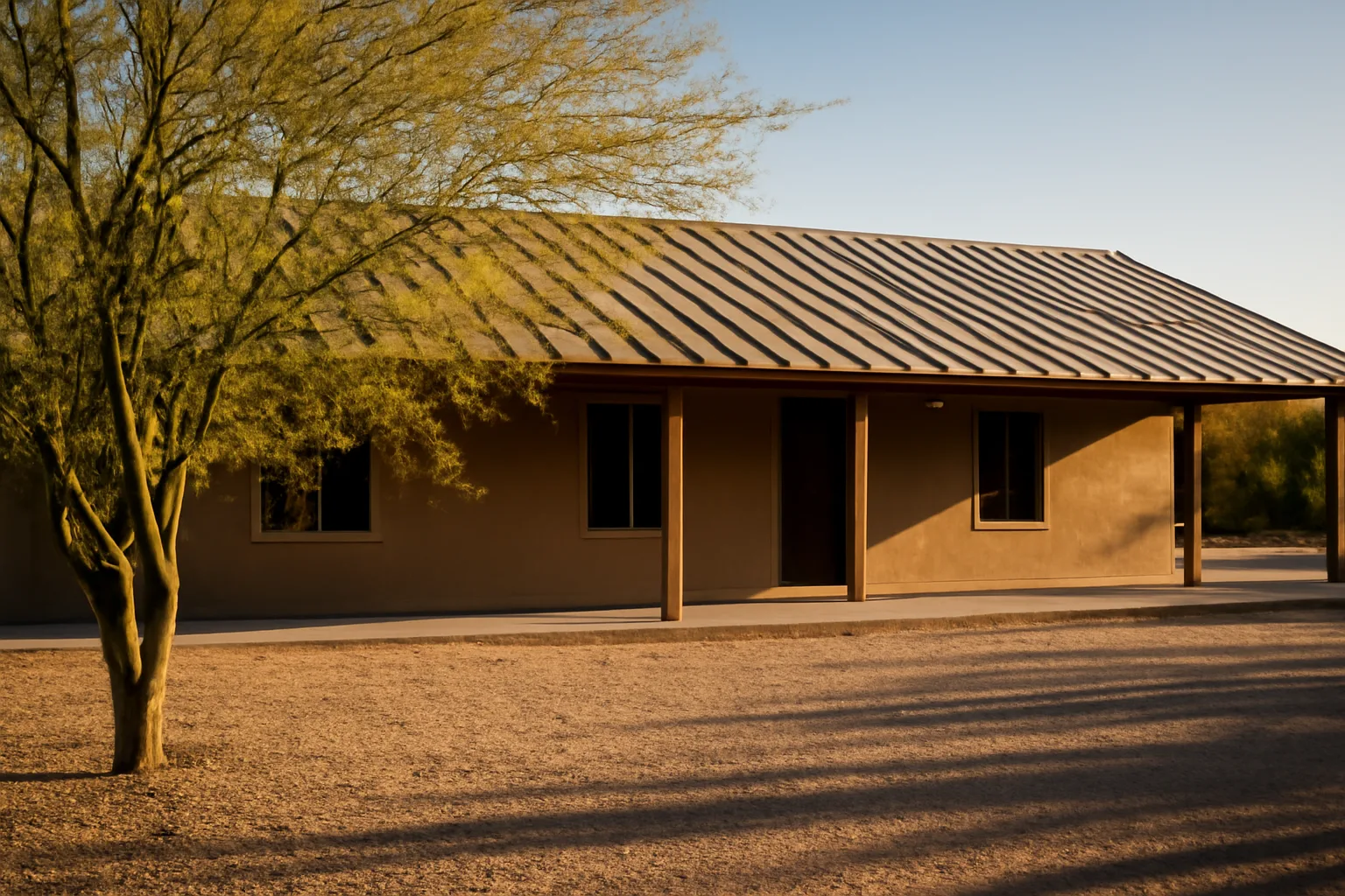 Standing-seam metal roof on a desert ranch house near Phoenix