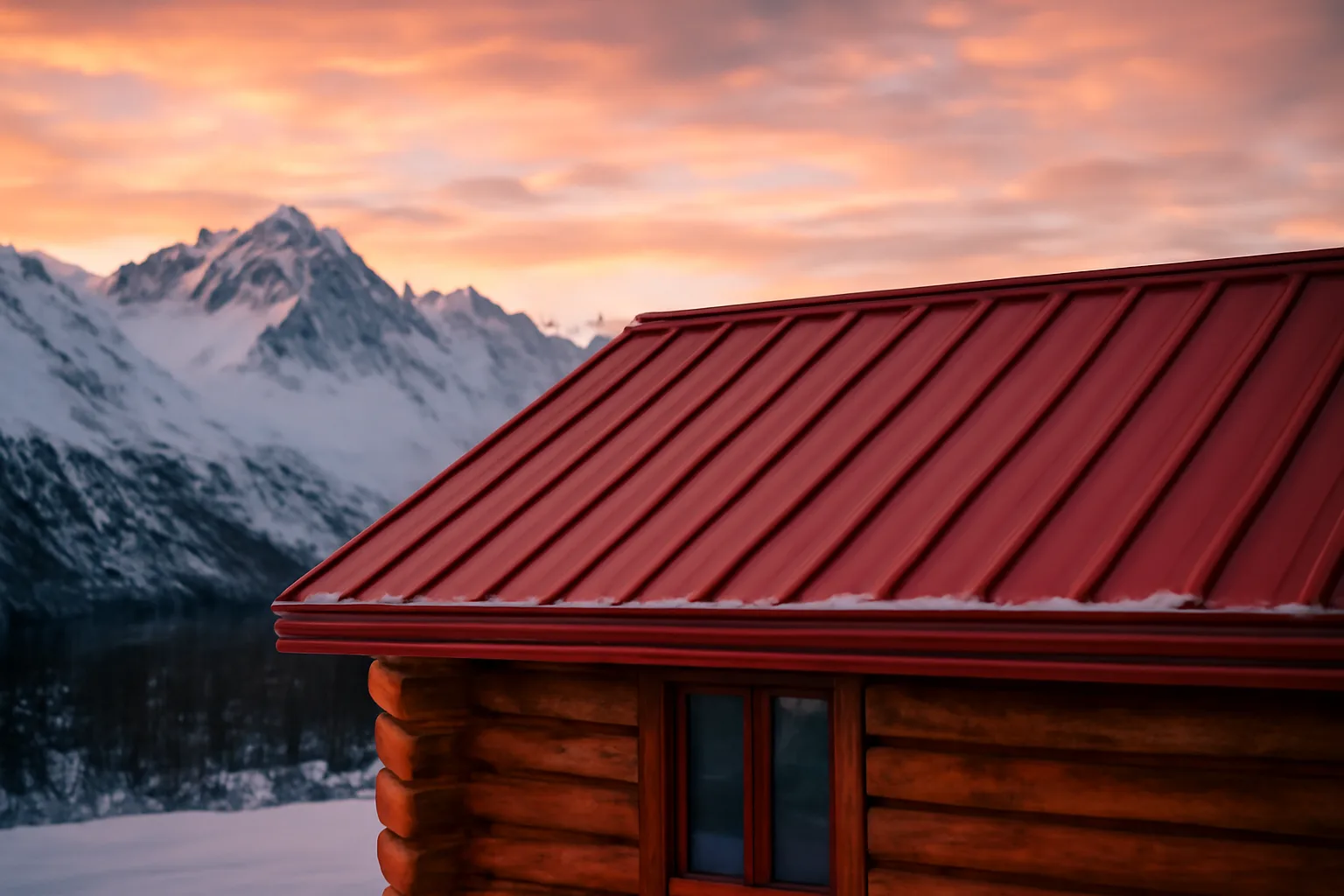 Red standing-seam metal roof on an Alaskan log cabin in snow