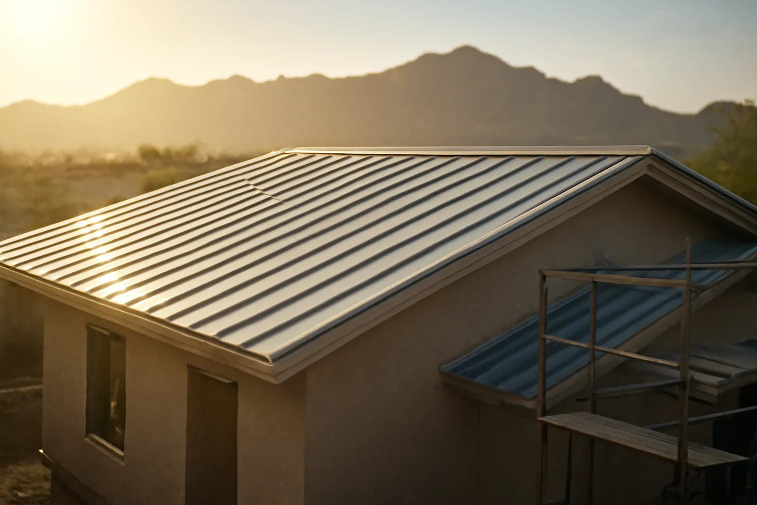 standing-seam metal roof on Arizona house with desert mountain backdrop