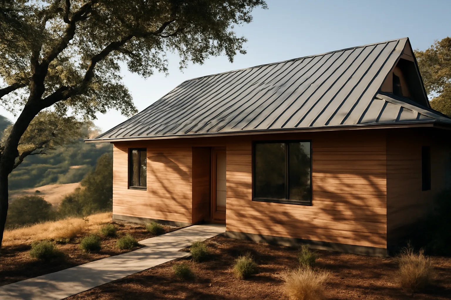 Standing-seam metal roof on a California hillside house at dusk