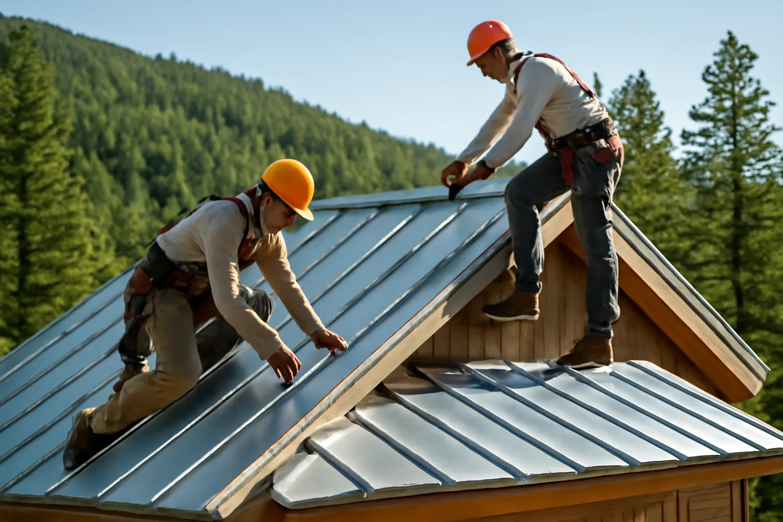 Workers installing standing-seam metal roofing panels on a Colorado mountain home