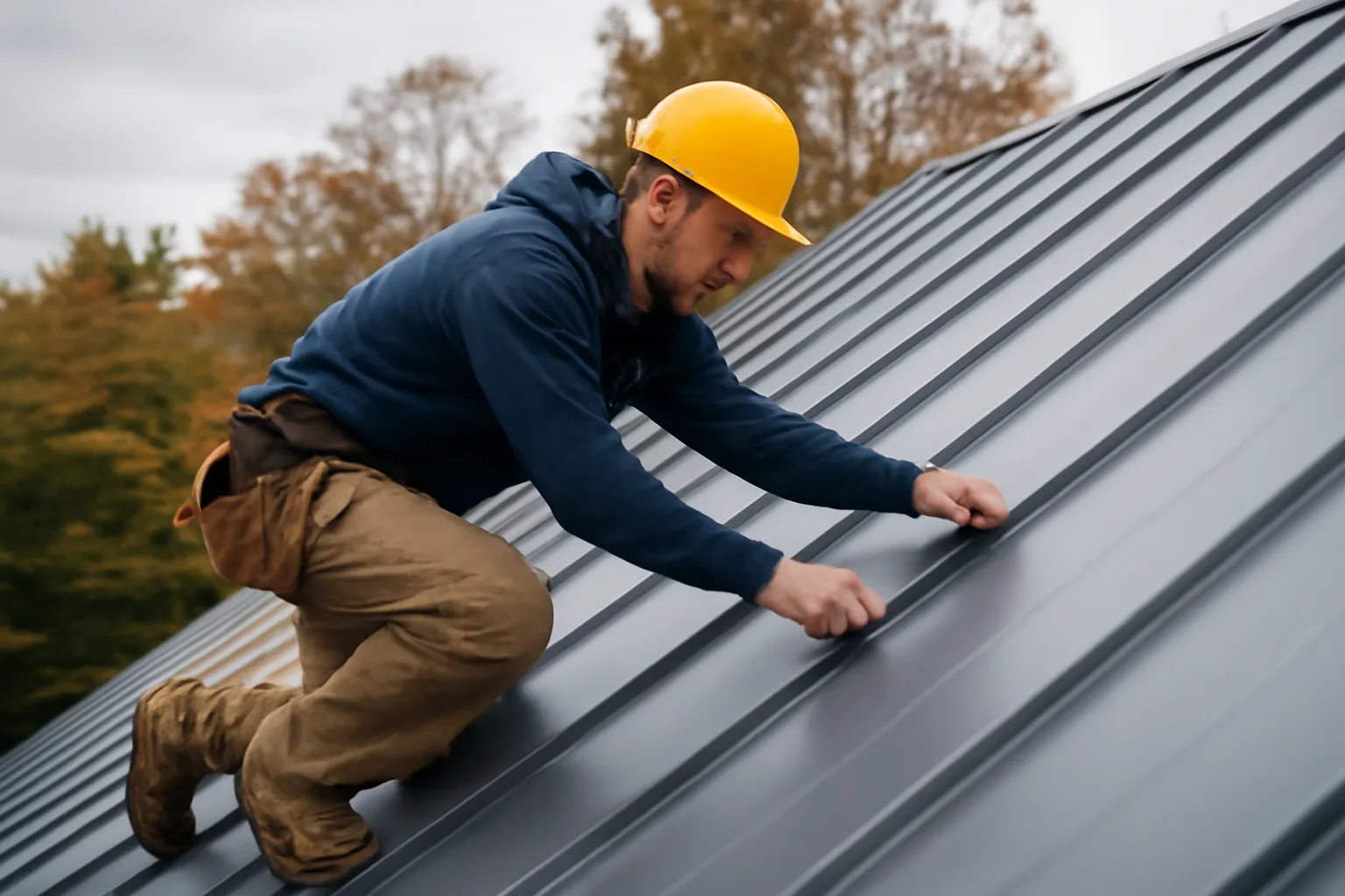 Roofer installing standing-seam metal panels on a Connecticut home in autumn light