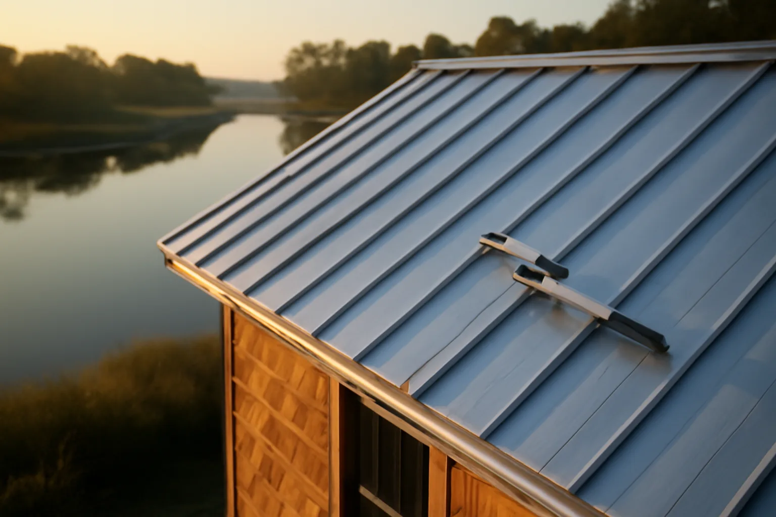 Silver standing-seam roof on a house beside a Delaware tidal creek