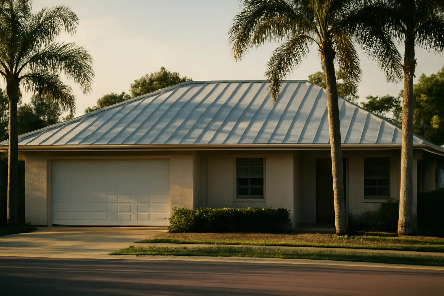 Silver standing-seam roof on a Florida stucco house in afternoon light