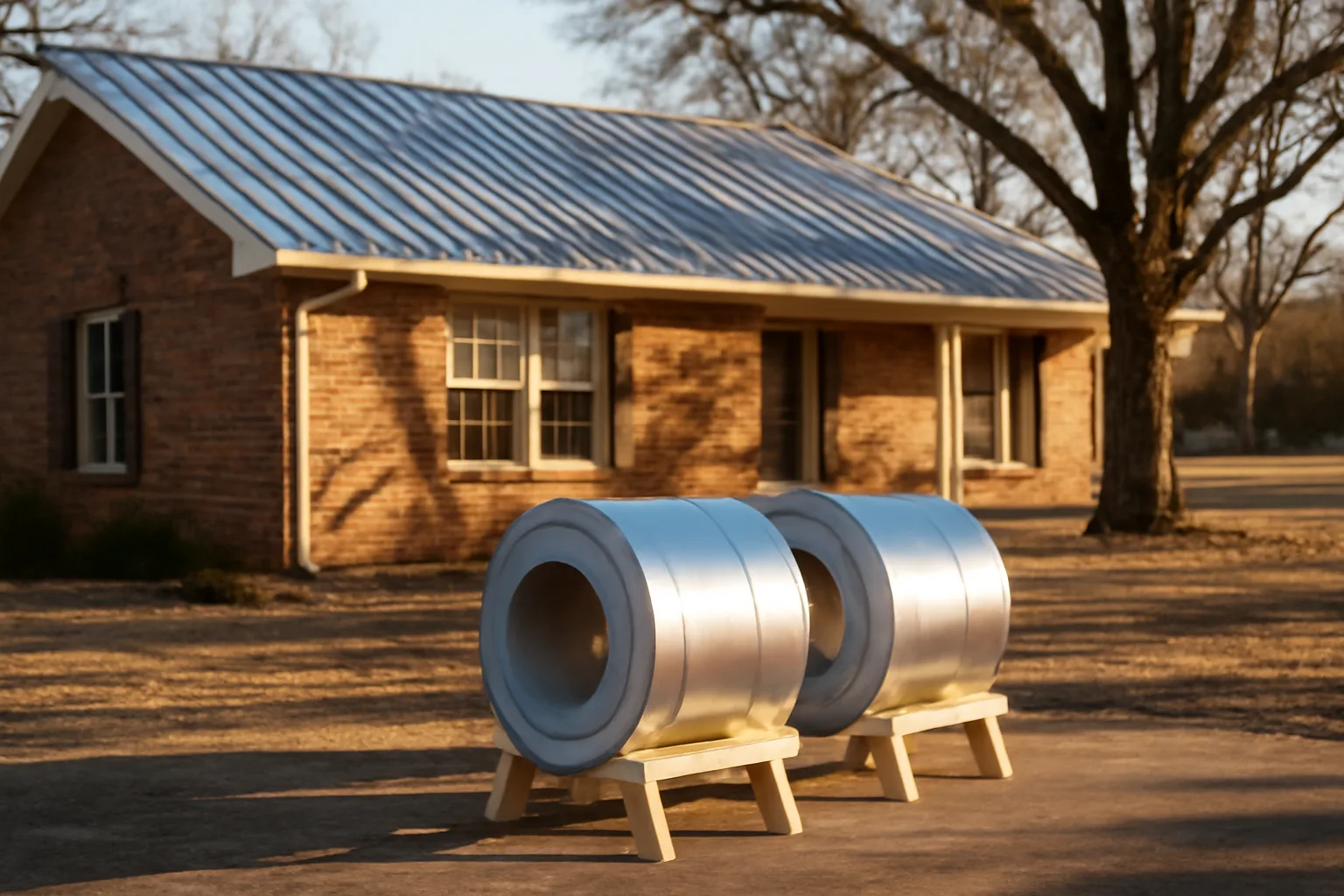Silver standing-seam roof on a brick Georgia house in afternoon light