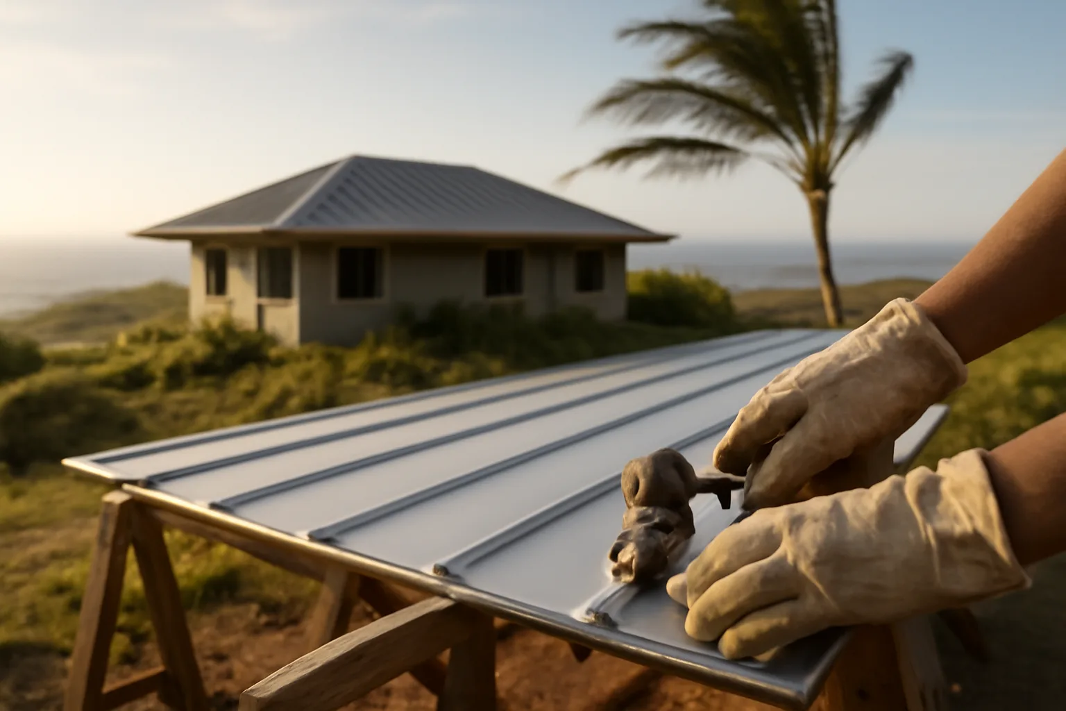 Standing-seam metal panels staged for a Hawaii roof job