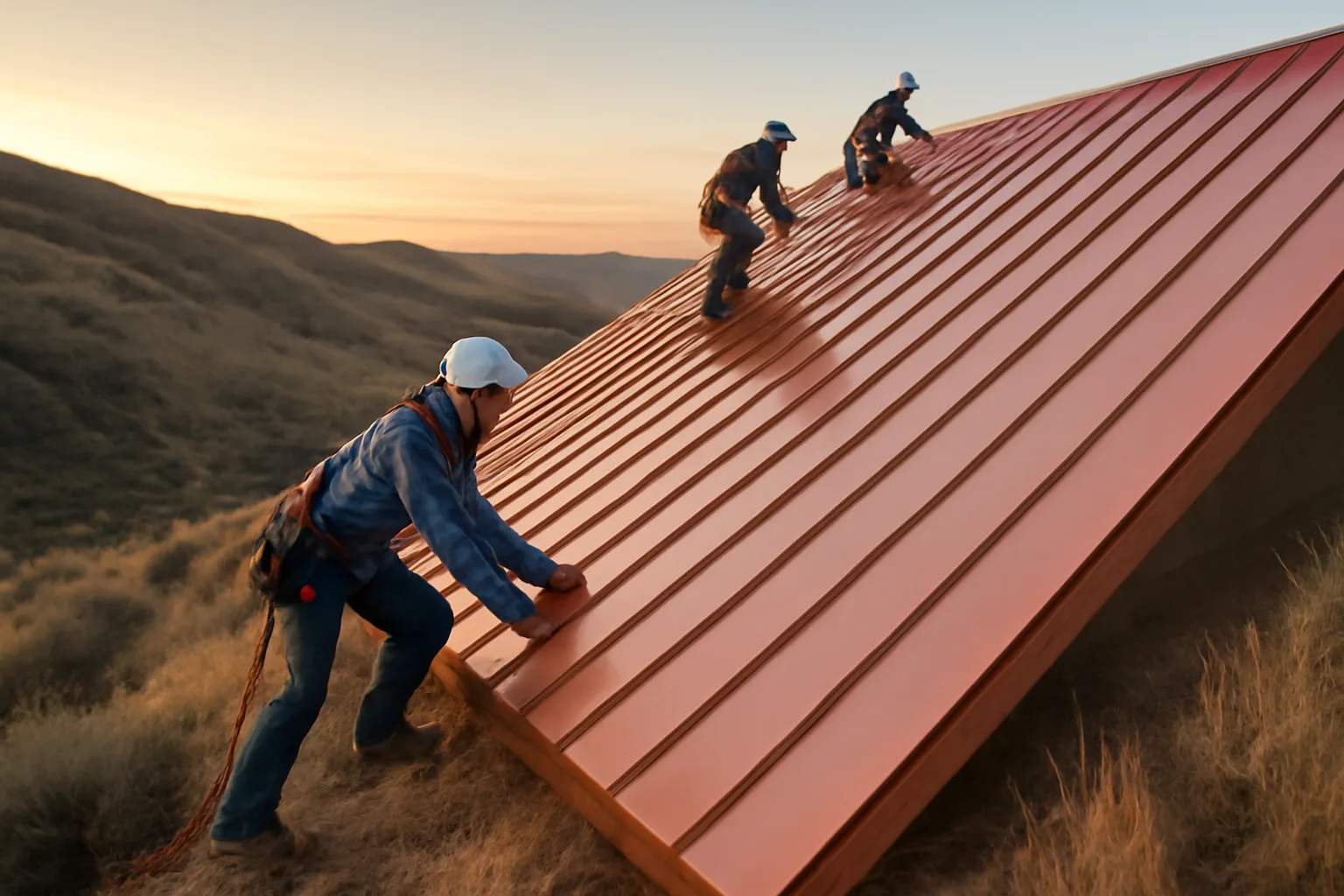 Installer on a standing-seam metal roof in the Idaho foothills