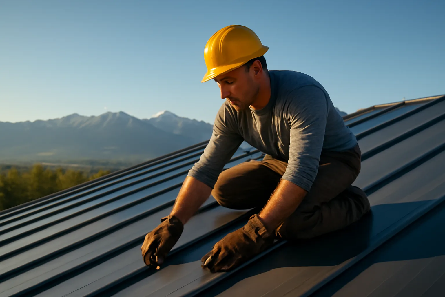 Roofer installing standing-seam metal roof panels with Utah mountains in background