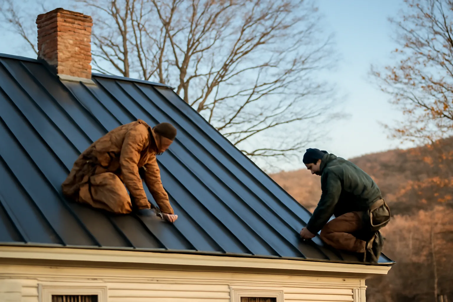Roofers installing standing-seam metal panels on a Vermont farmhouse in autumn