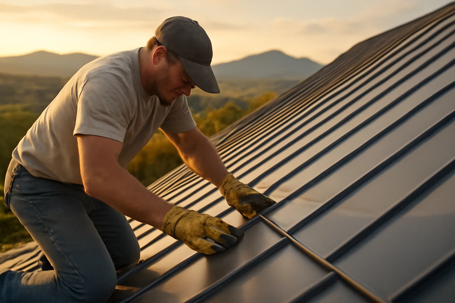 Roofer installing standing-seam metal panels on a Virginia residential roof