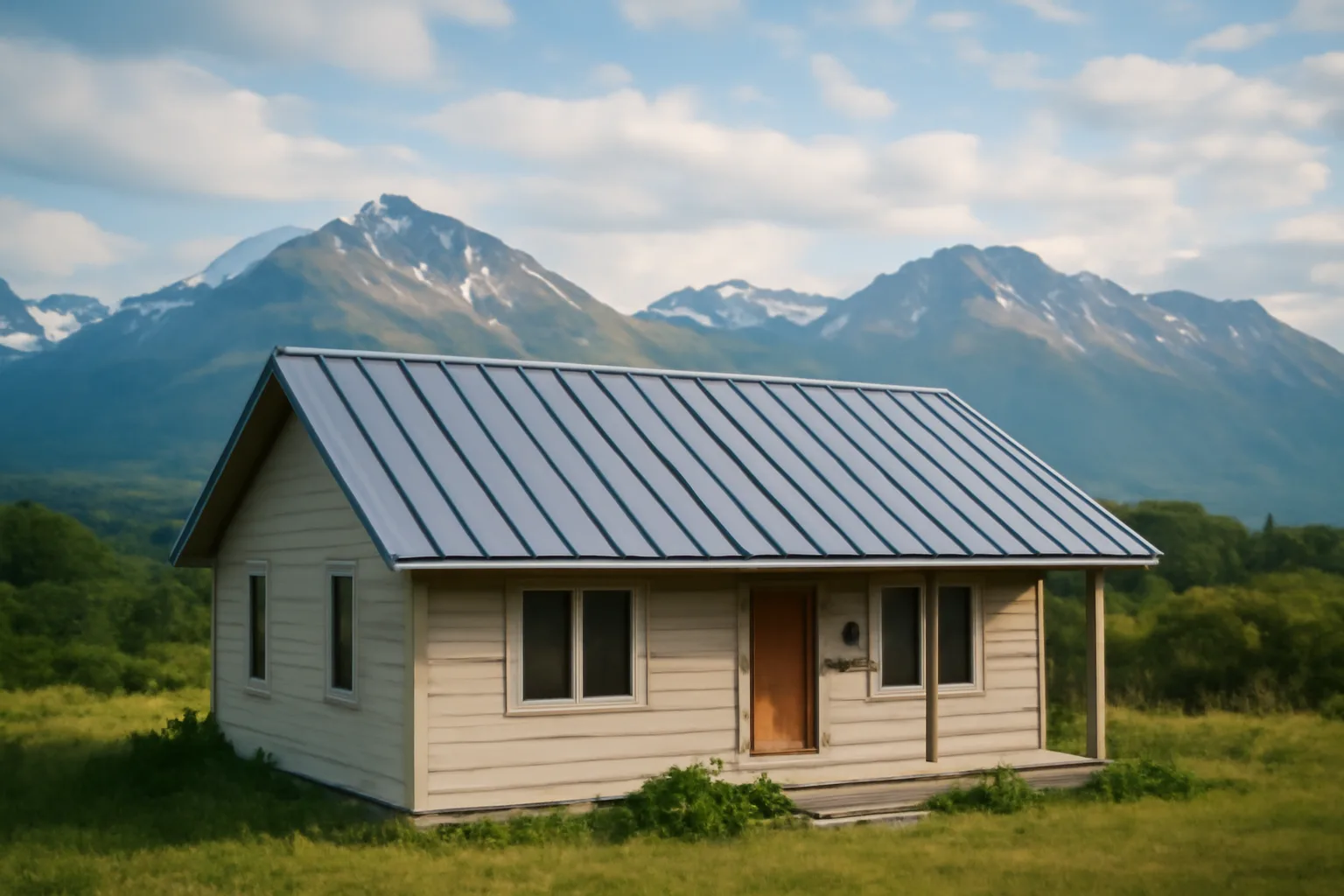 Standing-seam metal roof on home in Alaska with mountain backdrop
