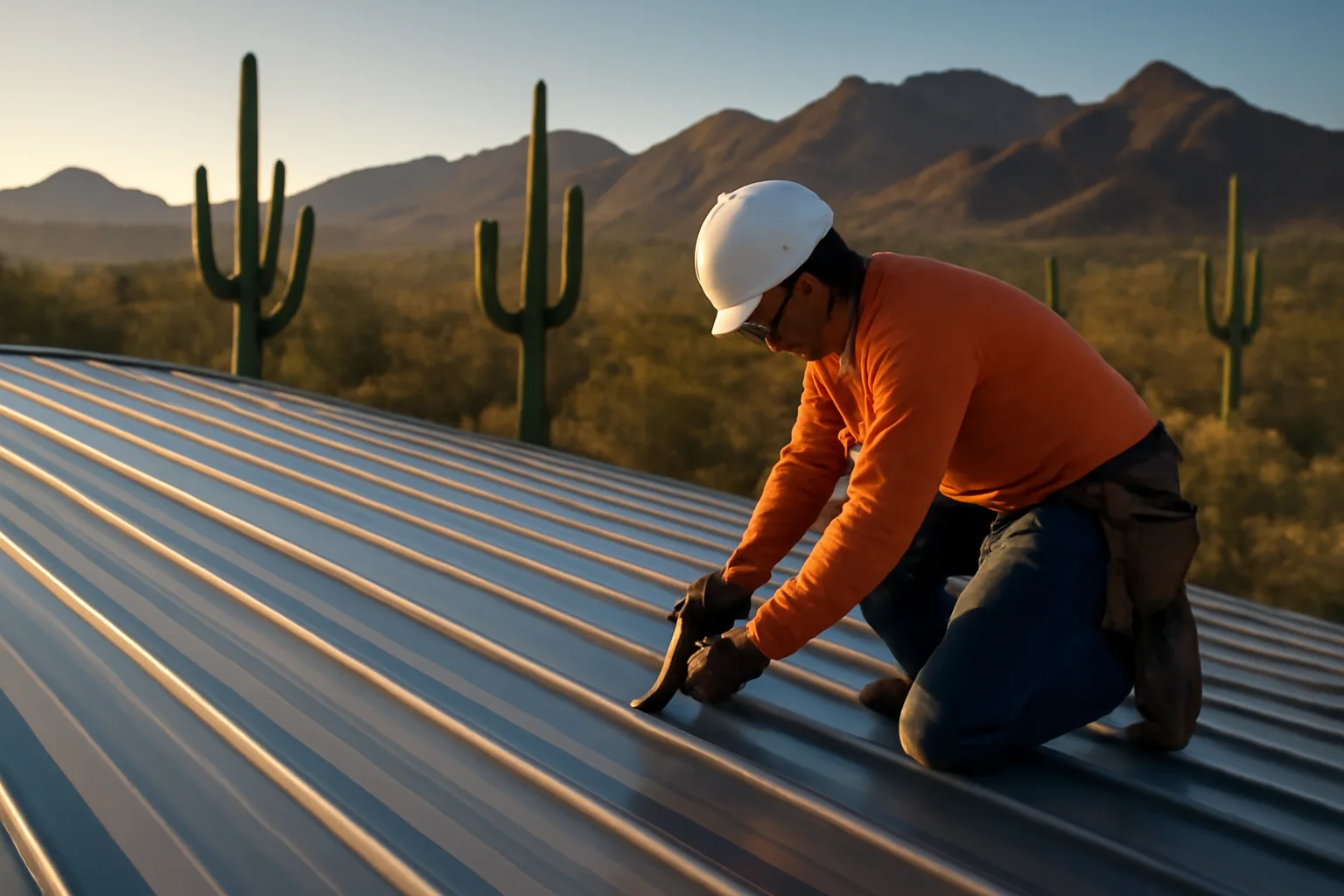 Worker seaming a standing-seam roof near Phoenix desert hills