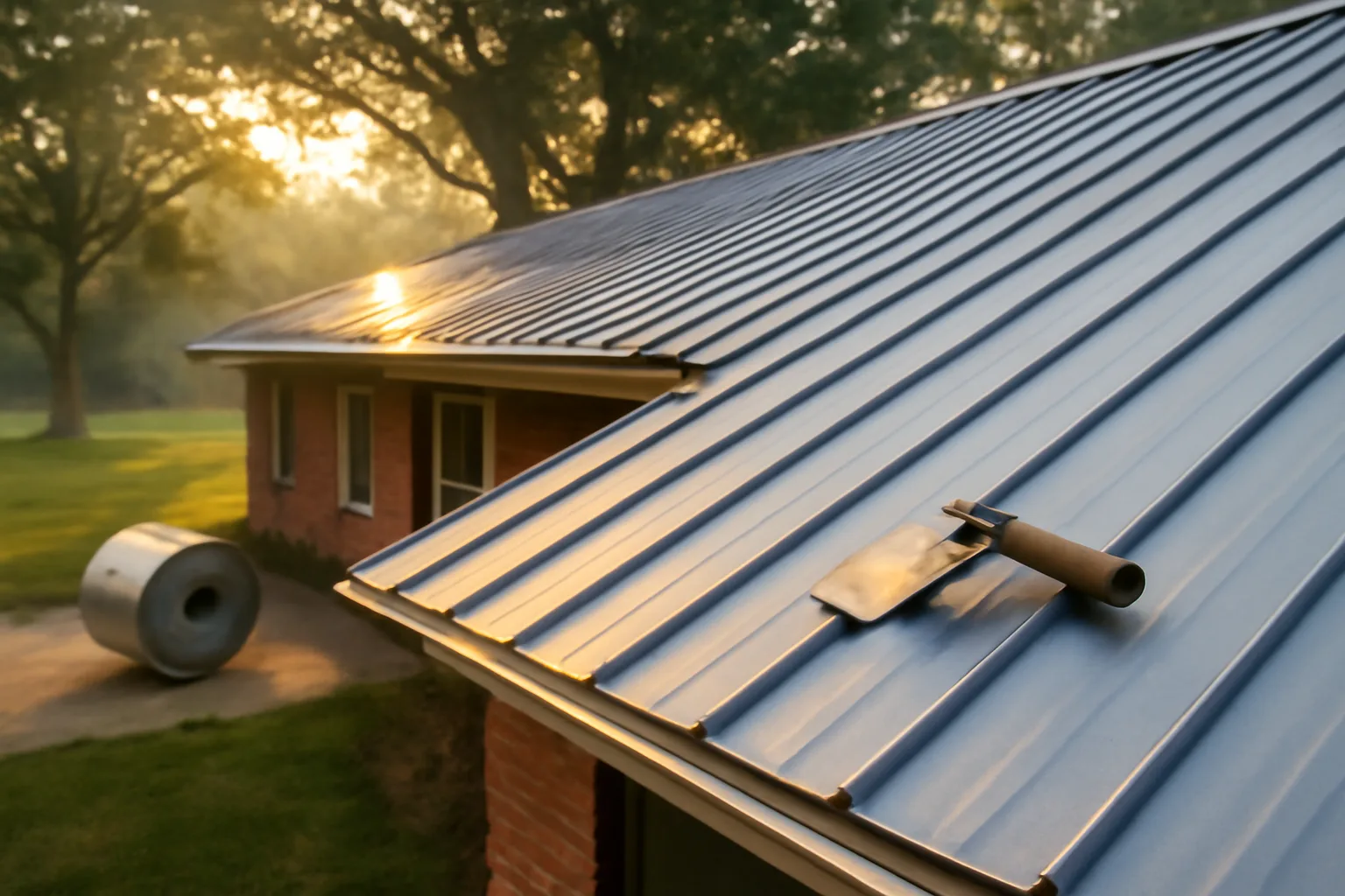 Galvalume standing-seam roof on an Arkansas brick ranch at sundown