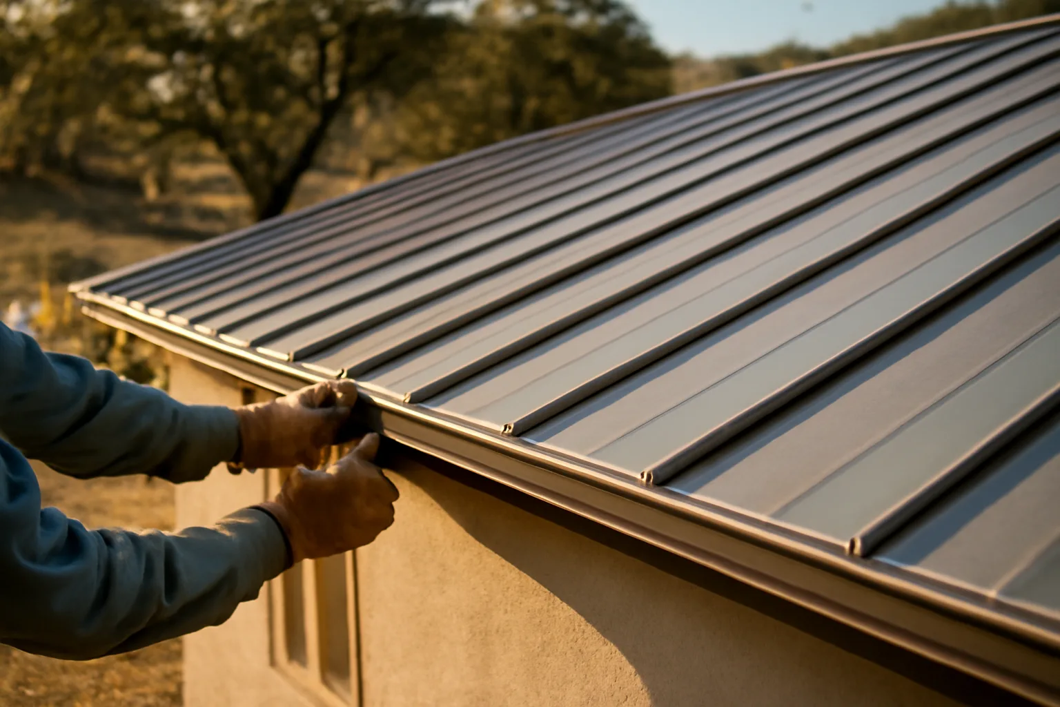 Silver standing-seam roof on a California bungalow in afternoon light