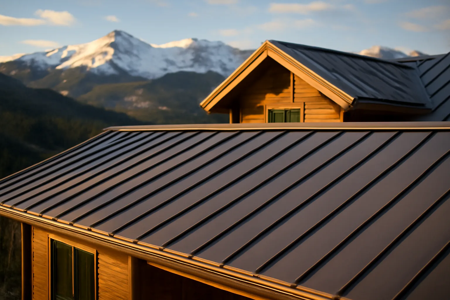 Standing-seam metal roof panels on a Colorado mountain home with snowy peaks behind