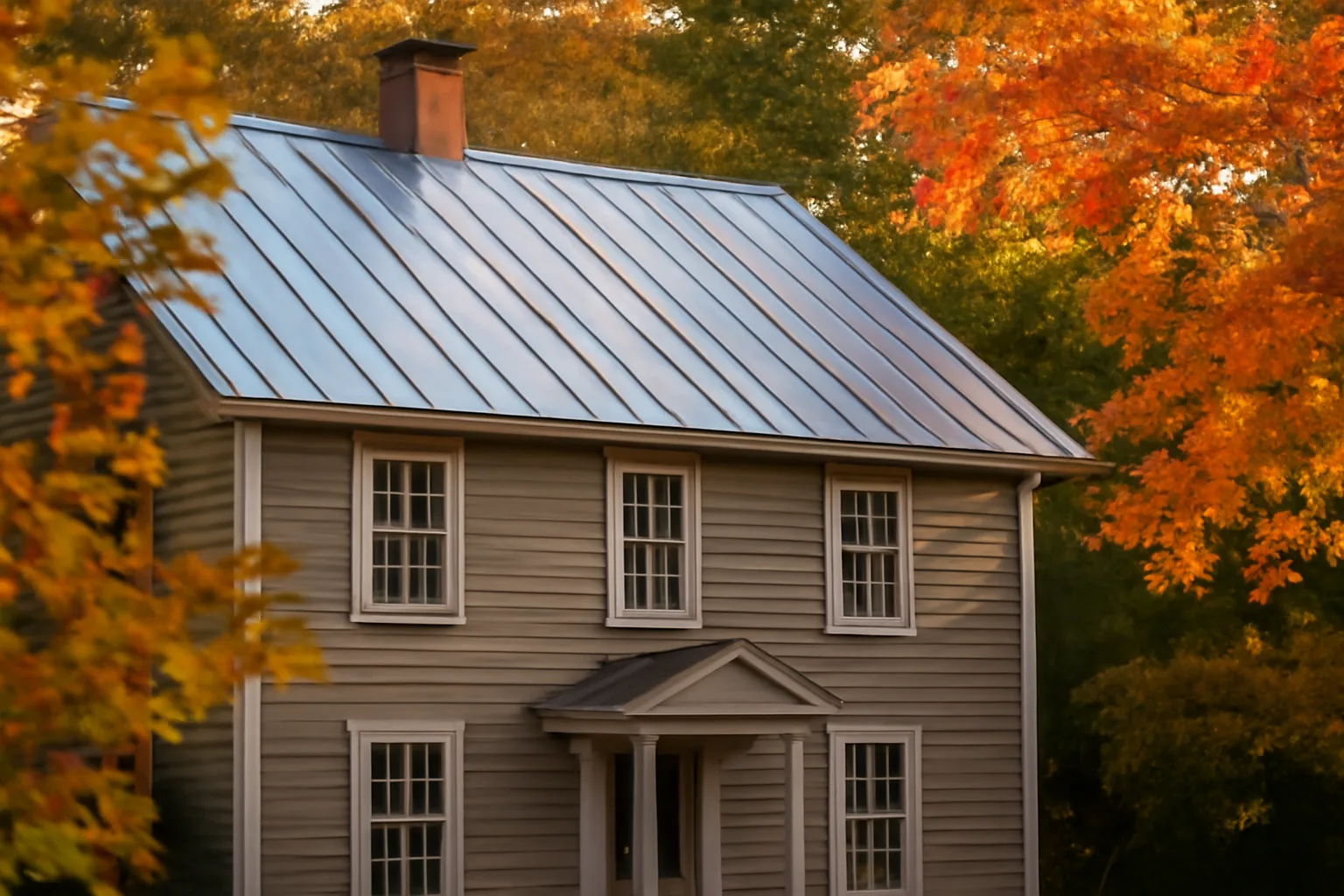 Silver standing-seam roof on a Connecticut colonial in September light