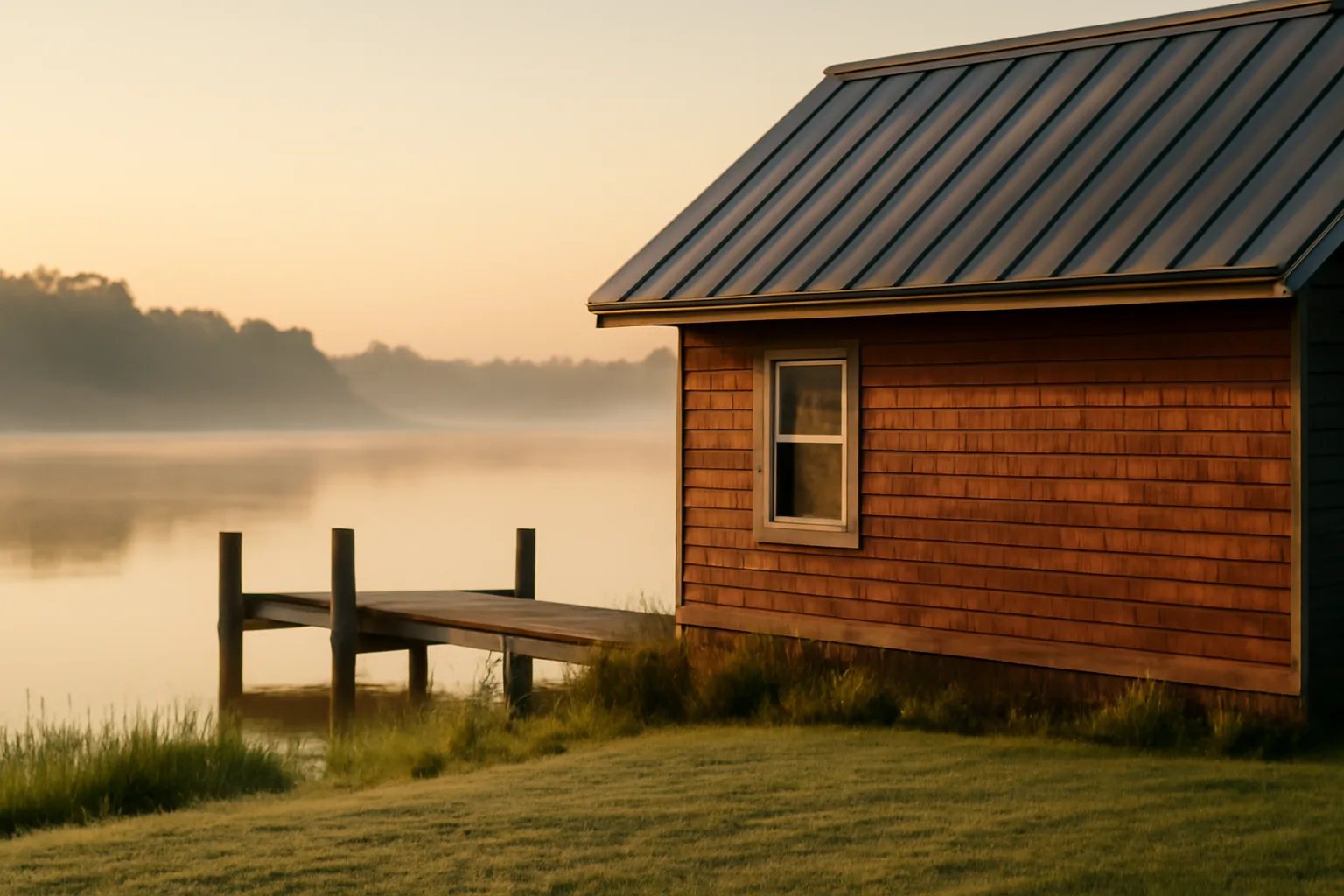 Standing-seam metal roof on a cedar house near a Delaware creek