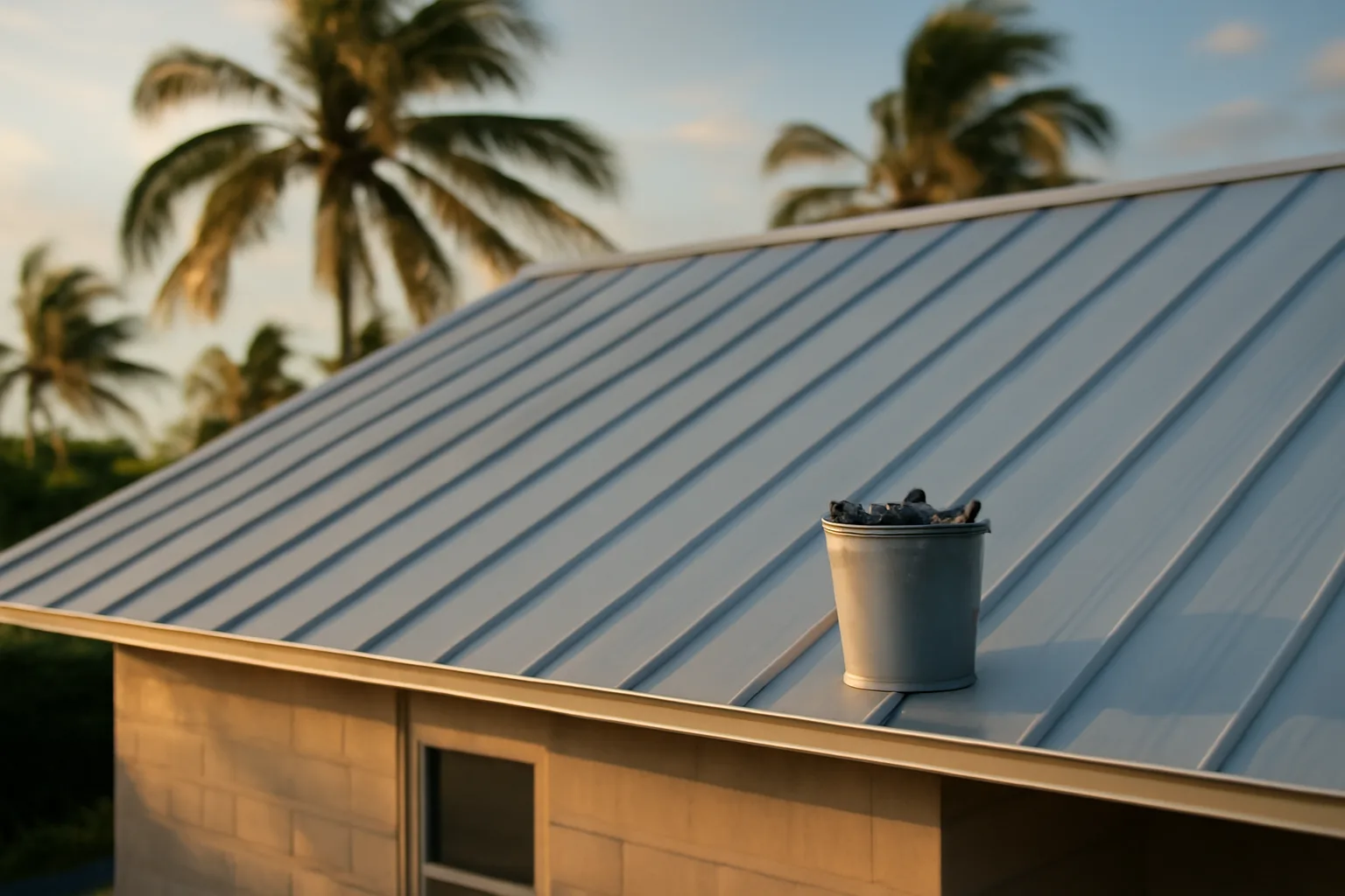 Galvalume standing-seam roof on a Florida house in afternoon light