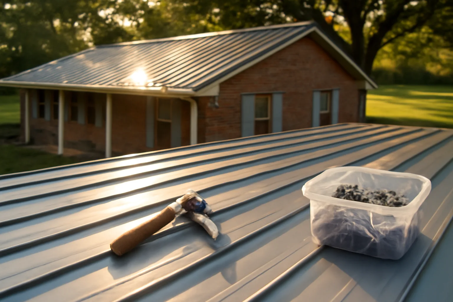 Silver standing-seam roof on a Georgia brick ranch in afternoon light