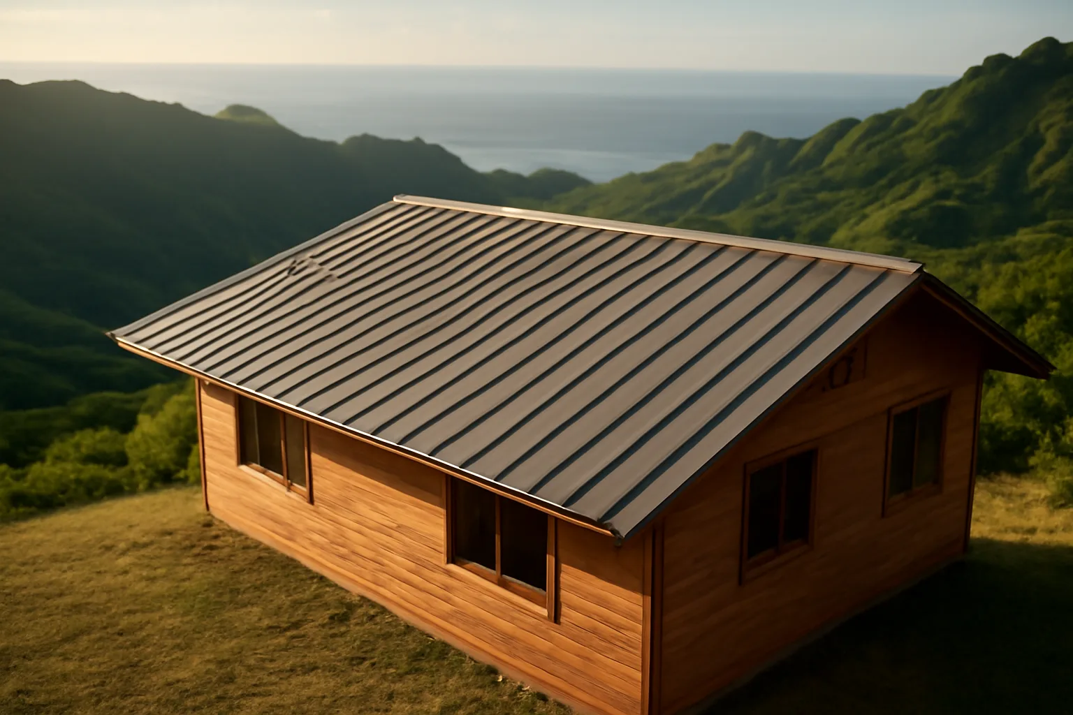 Standing-seam metal roof on an Oahu house in afternoon light