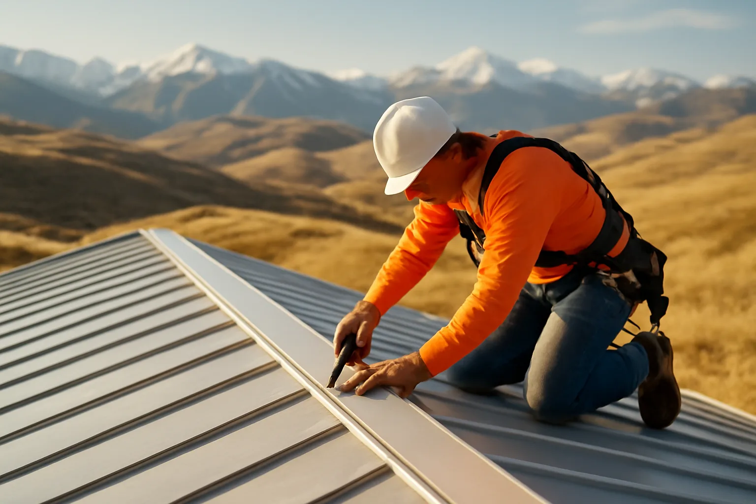 Worker kneeling on a standing-seam roof in the Idaho foothills