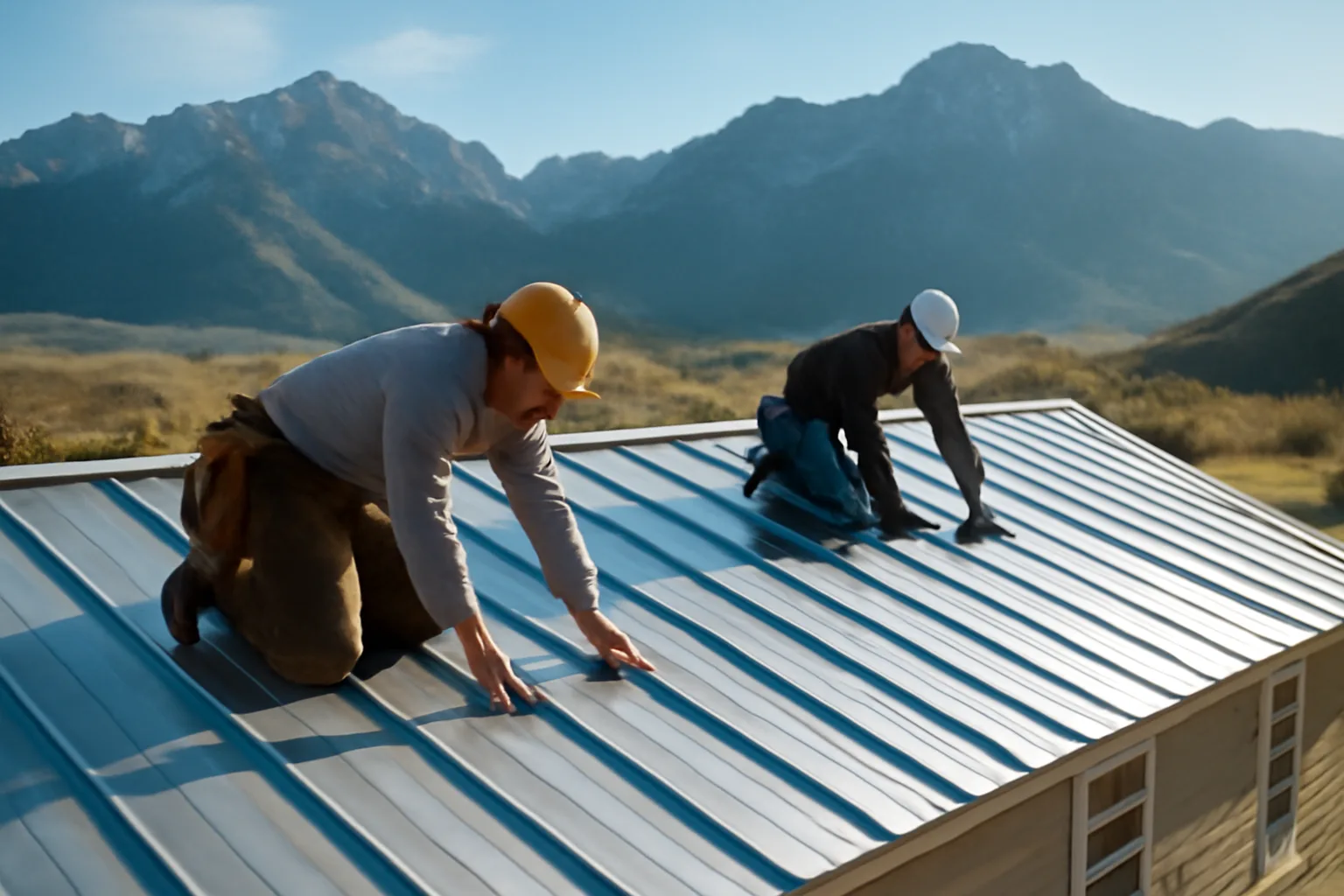 Two roofers installing standing-seam metal panels on a home with Utah mountains behind