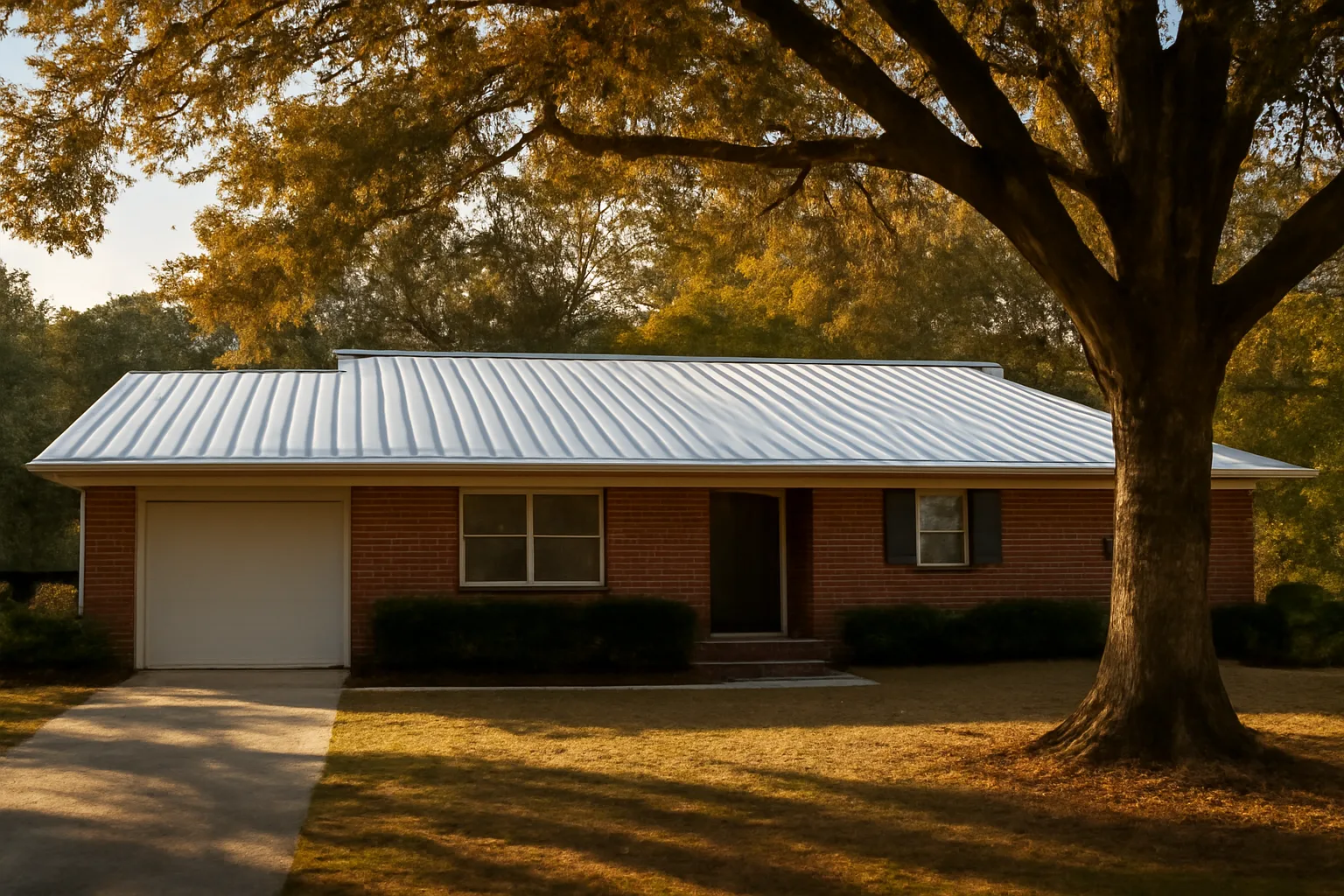 Standing-seam metal roof on a brick ranch house in Birmingham, Alabama, late afternoon light.
