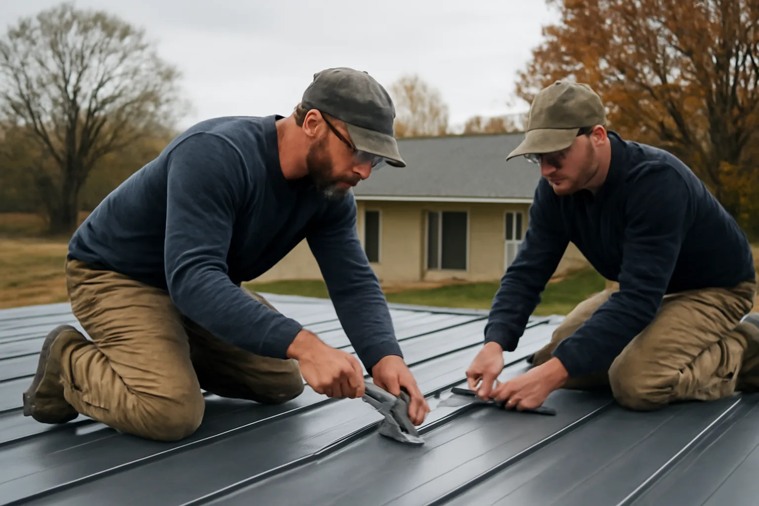 Crew installing standing-seam panels on an Alabama ranch roof