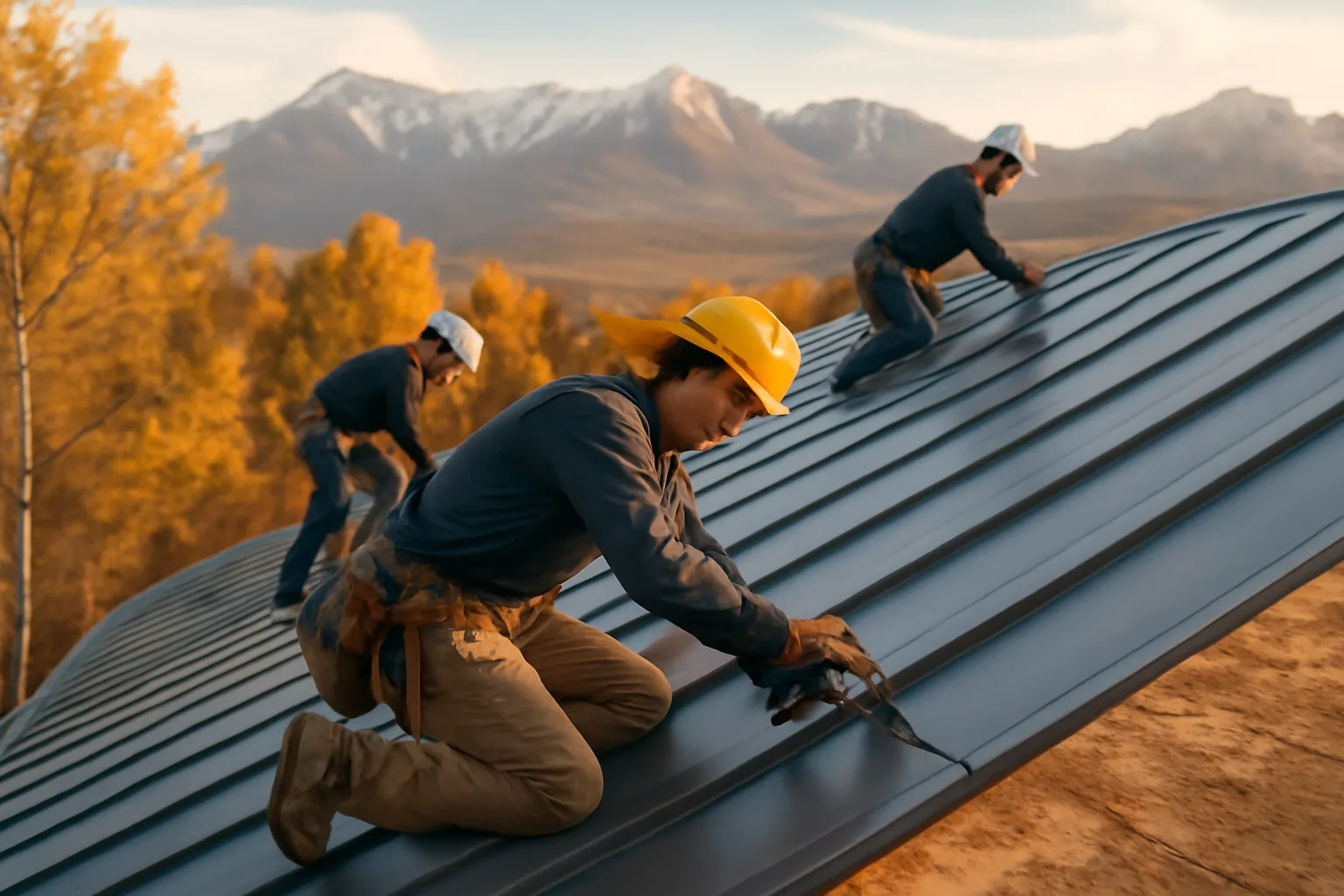 Crew installing standing-seam roof panels on a residential roof in Anchorage, Alaska
