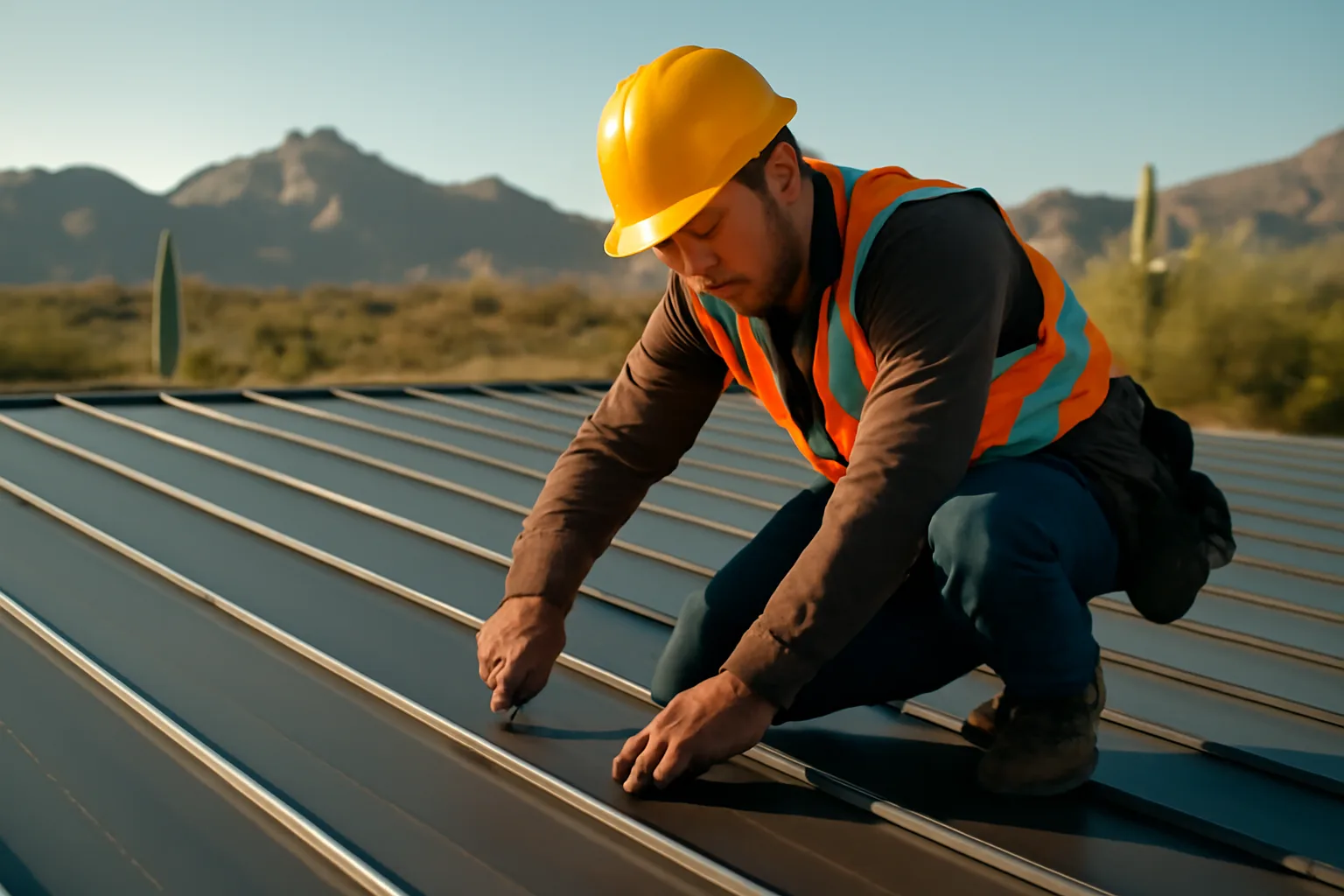 Roofer installing standing-seam metal panel on Arizona home with desert backdrop