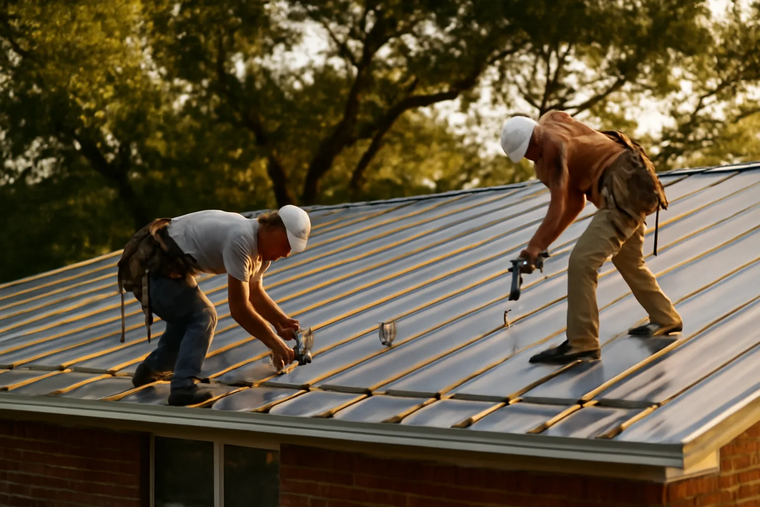 Roofers clipping standing-seam panels on an Arkansas ranch house
