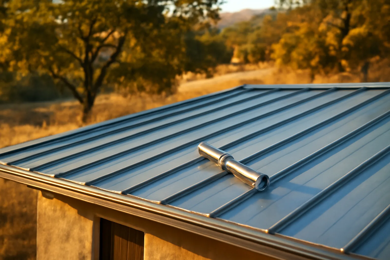 Standing-seam roof on a California ranch house at golden hour