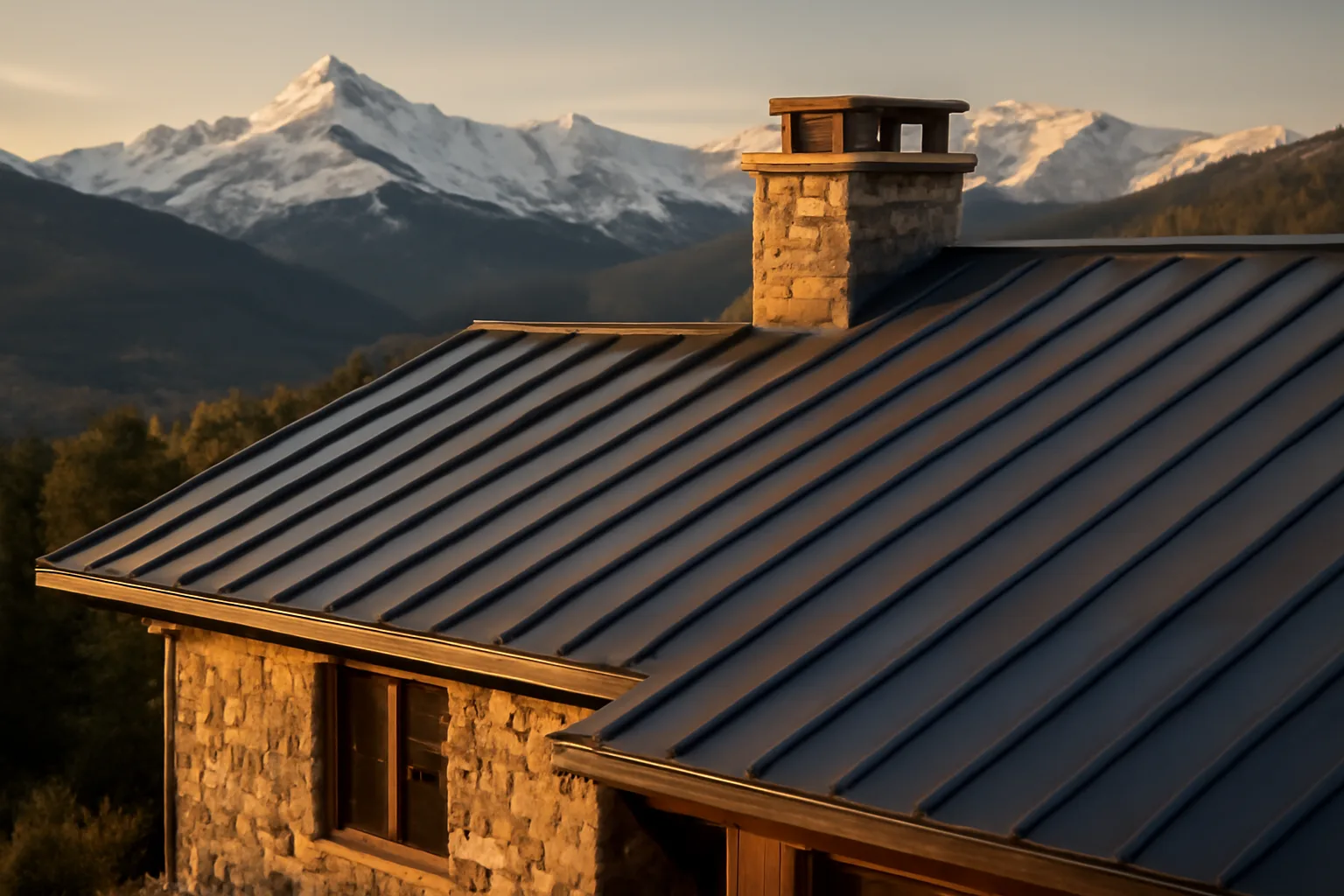 Standing-seam metal roof panels on a Colorado mountain home with peaks behind