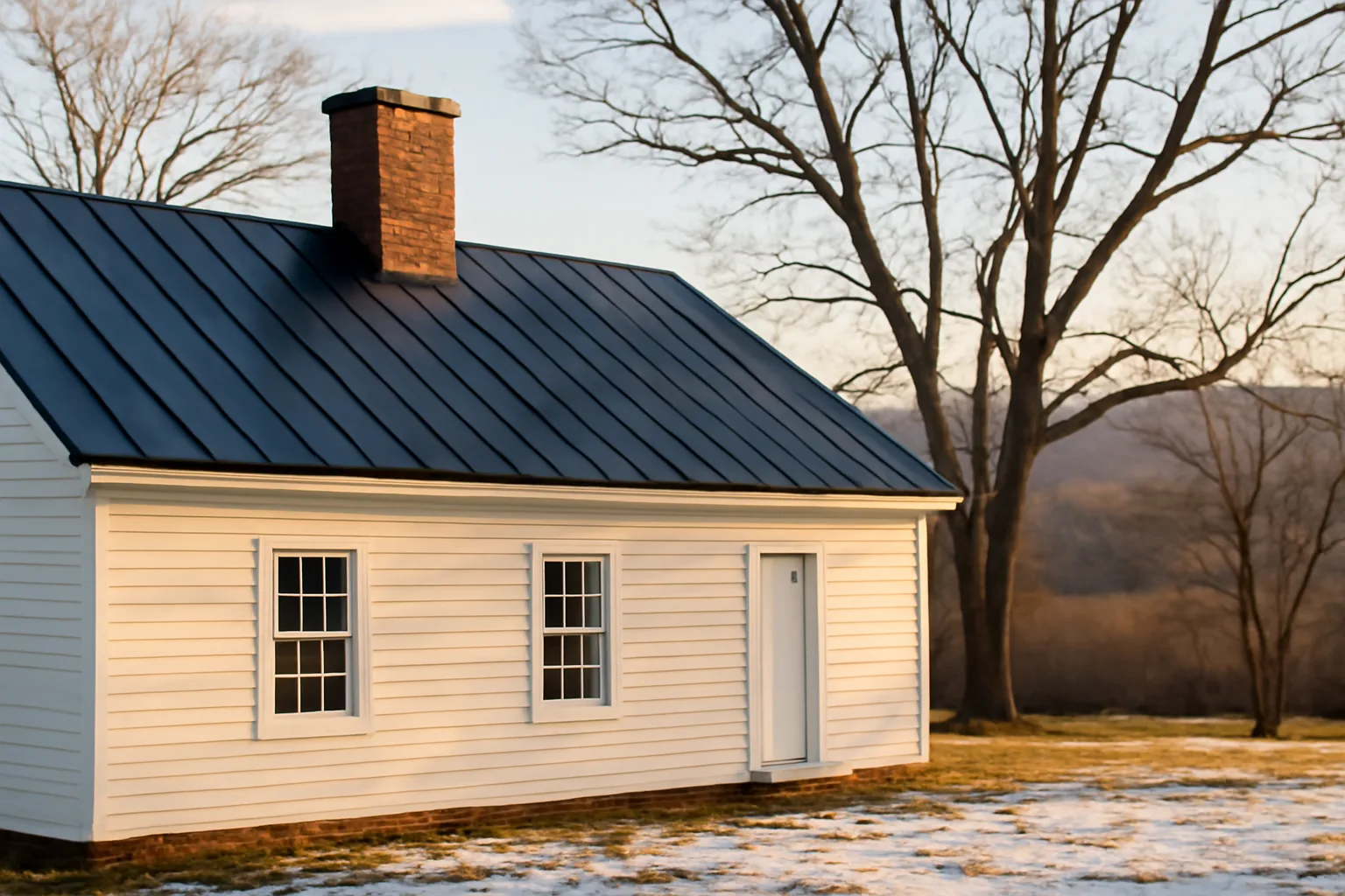 Charcoal standing-seam roof on a Connecticut clapboard house in winter