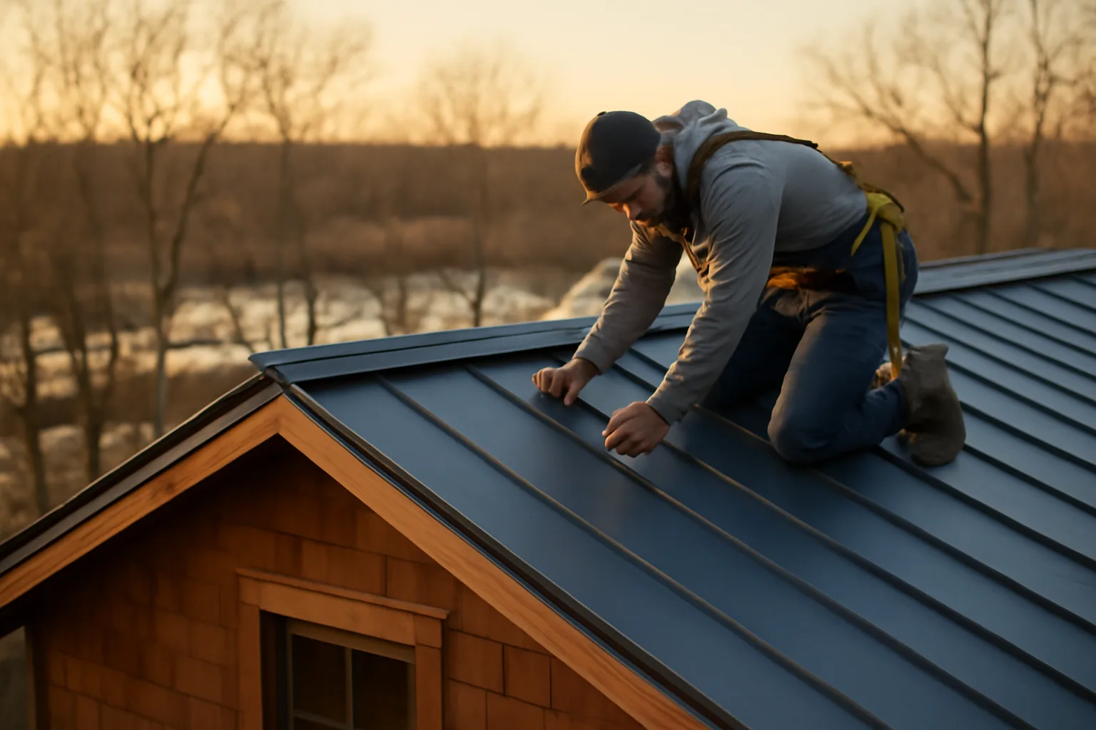 Roofer fitting standing-seam panels on a Delaware coastal house