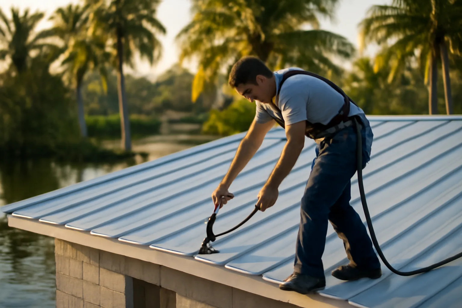 Roofer seaming a standing-seam roof on a Florida house