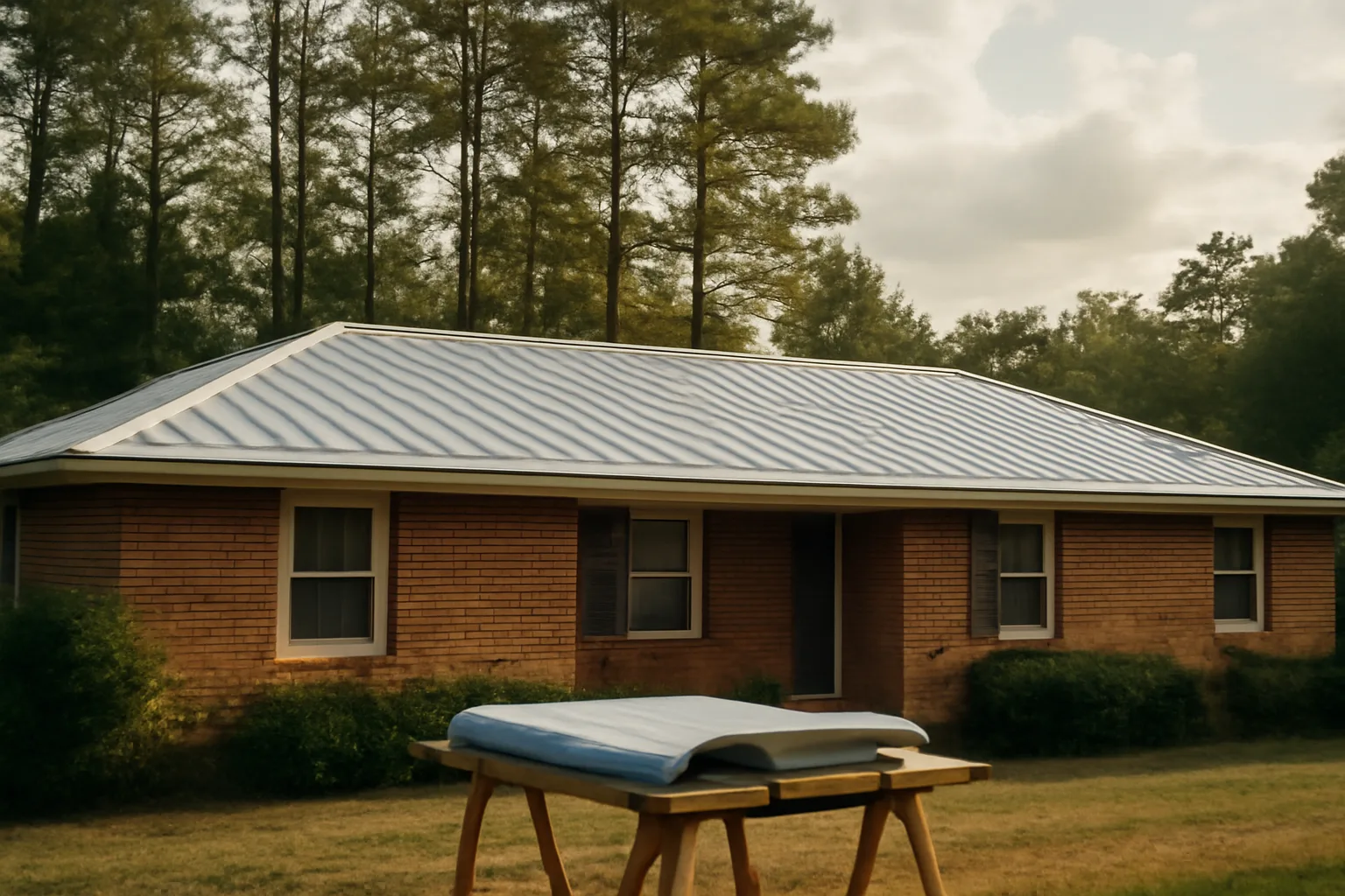 Standing-seam metal roof on a brick Georgia ranch at morning