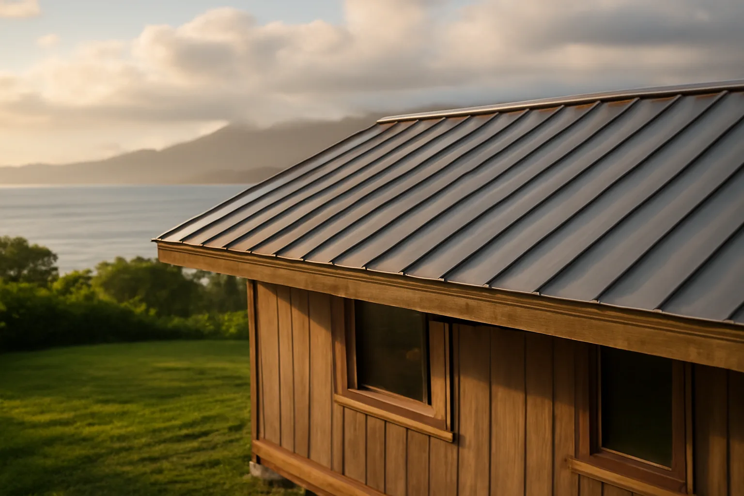Standing-seam roof on a Kaneohe Hawaii house in afternoon light