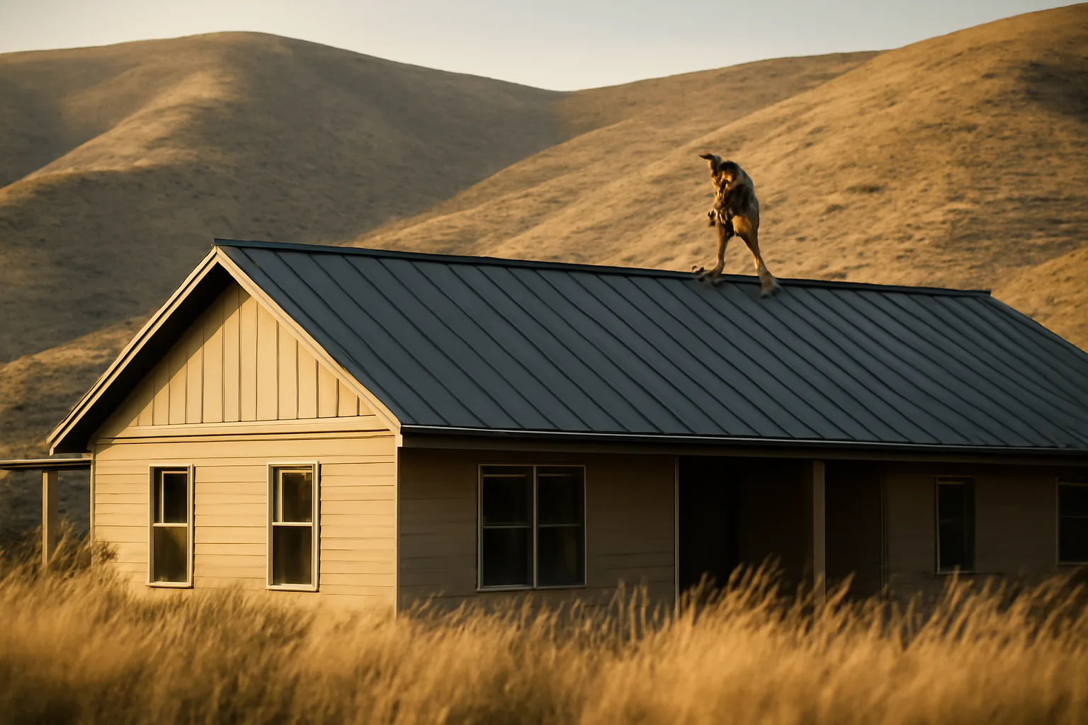 Charcoal standing-seam roof on an Idaho foothills ranch house