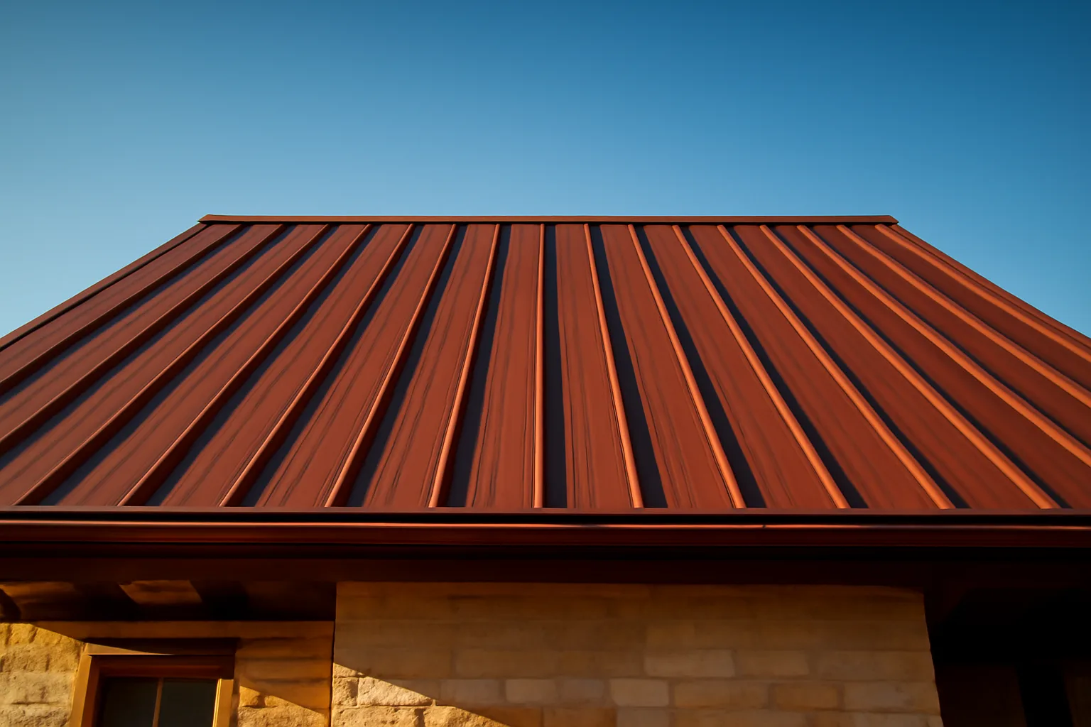 Standing-seam metal roof panels on a Texas ranch house in golden afternoon light