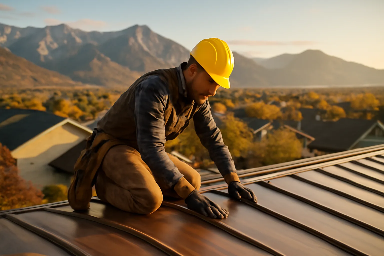 Roofer inspecting standing-seam metal roof panels on Utah home with mountains behind