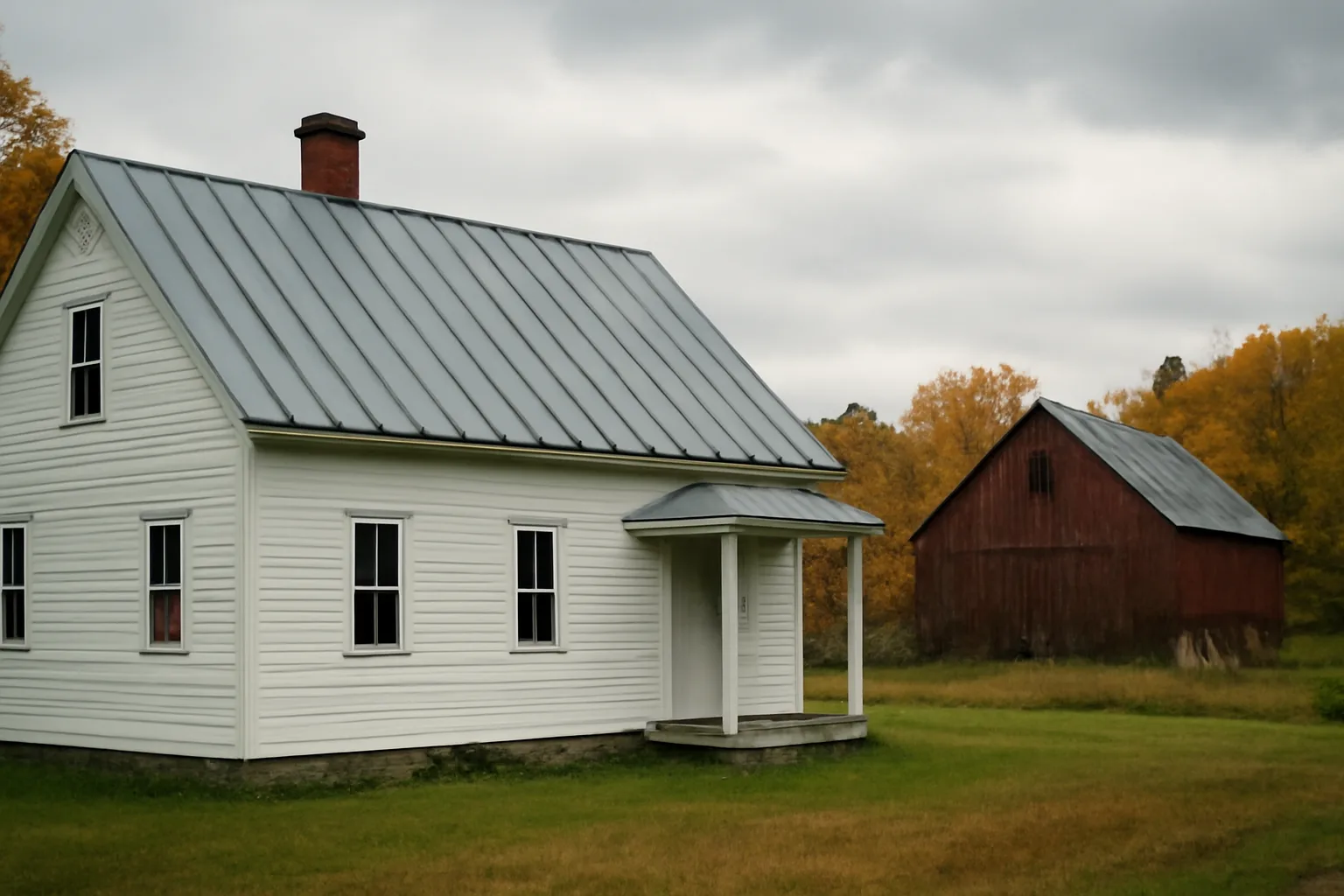 Standing-seam metal roof on a Vermont farmhouse with barn in background