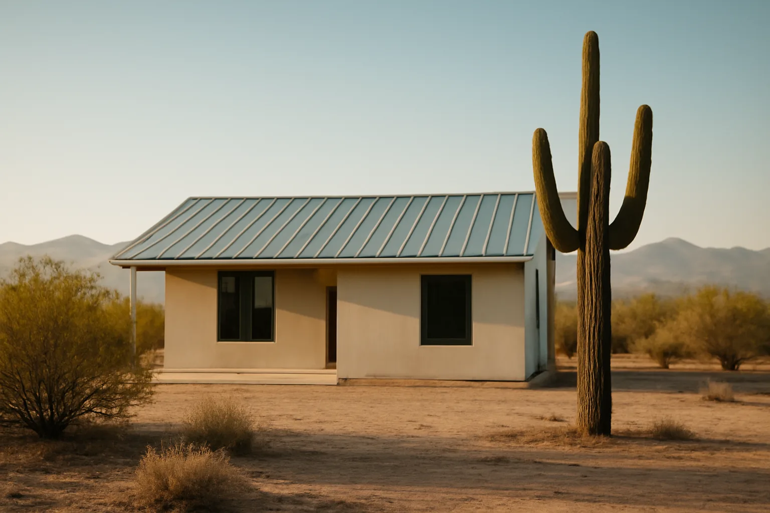 Standing-seam metal roof on a desert house near Phoenix at dusk