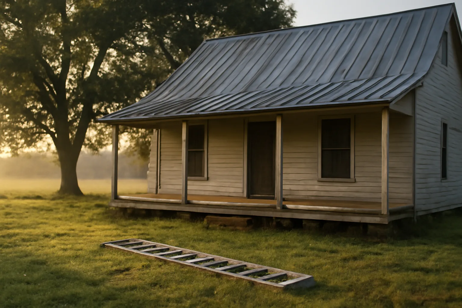 Galvanized standing-seam roof on a rural Arkansas farmhouse at sunrise