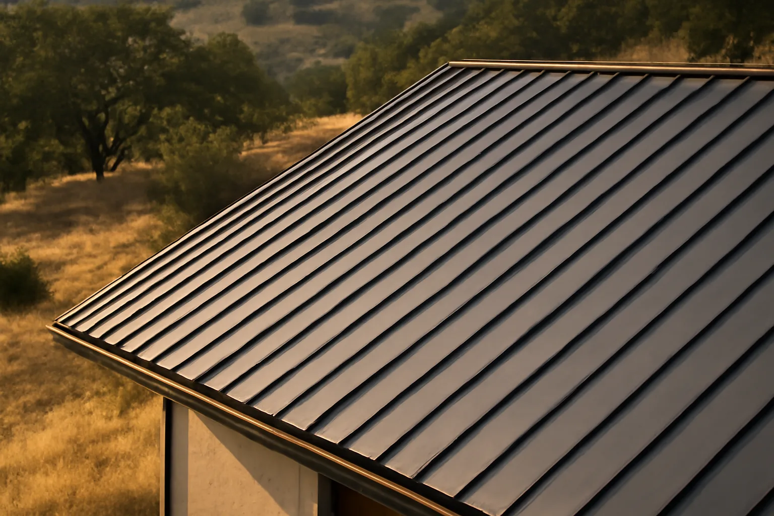 Standing-seam metal roof on a California hillside home in warm afternoon light