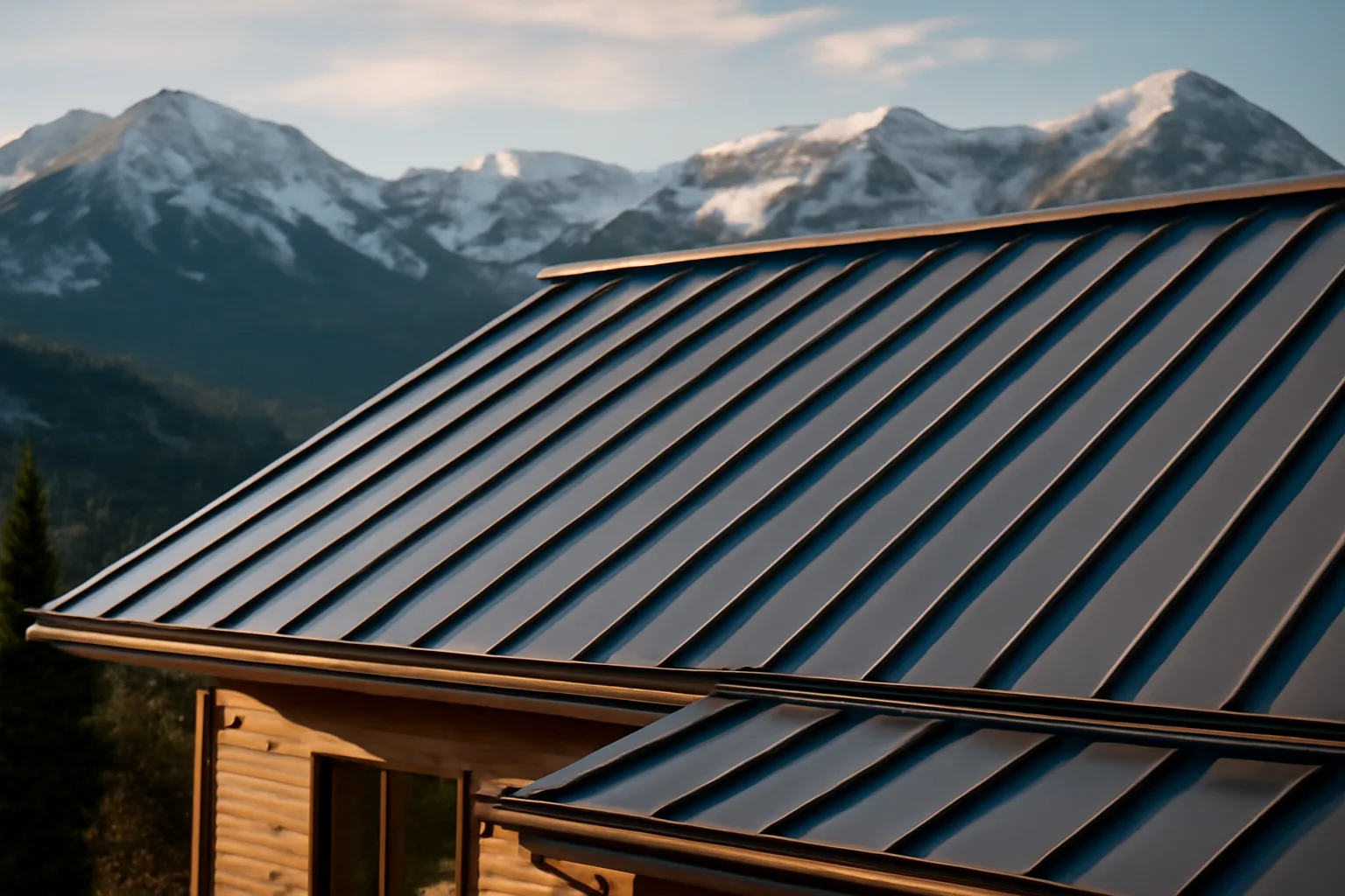 Installed standing-seam metal roof panels on a Colorado mountain home with peaks behind
