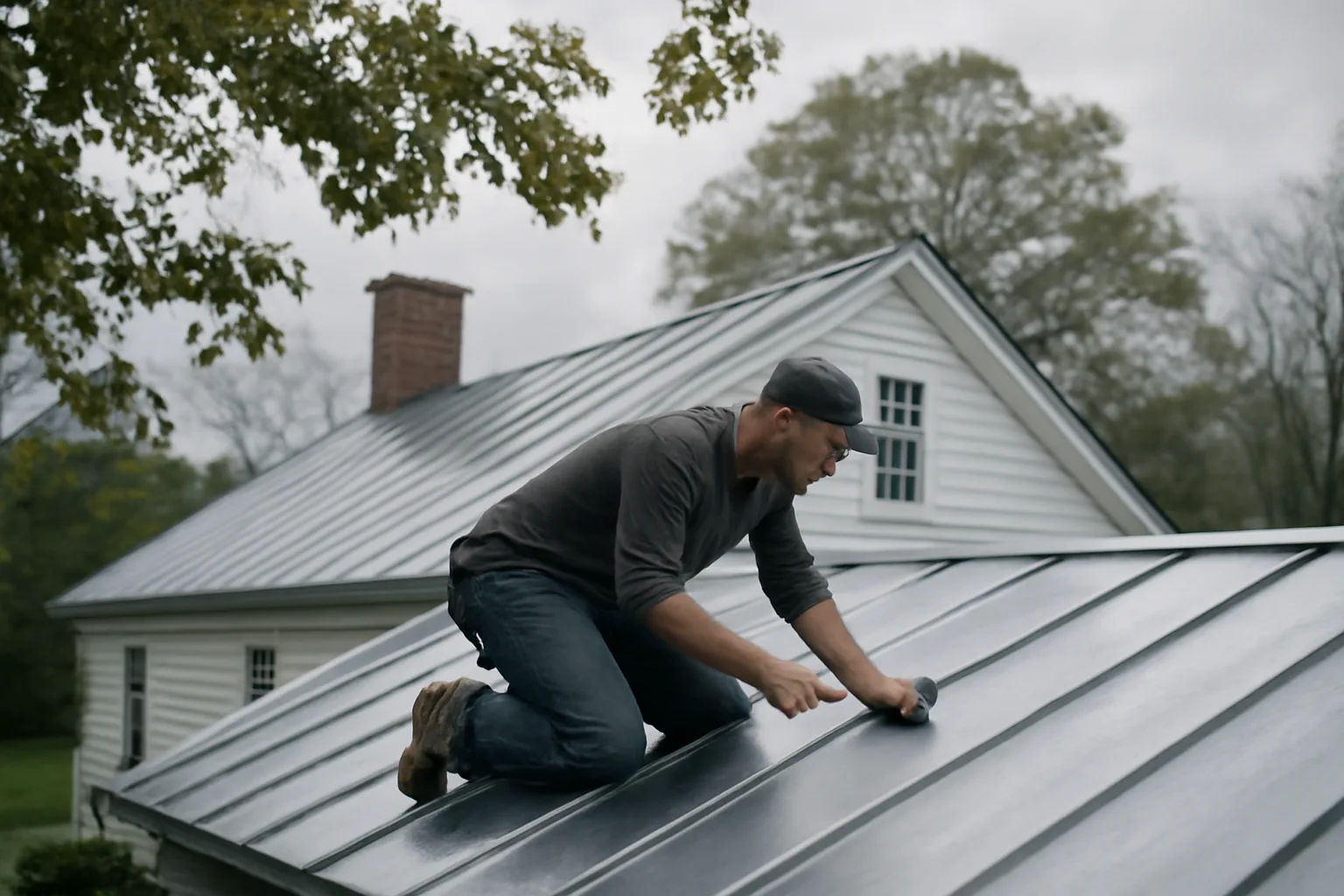 Standing-seam metal roof on a Connecticut colonial in flat daylight
