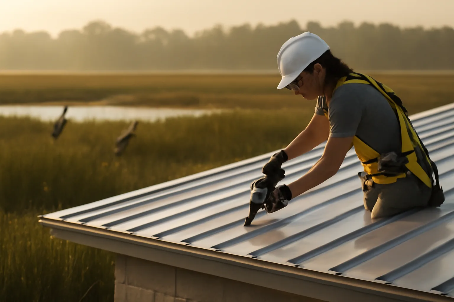 Worker crimps a standing-seam roof on a Florida bay house